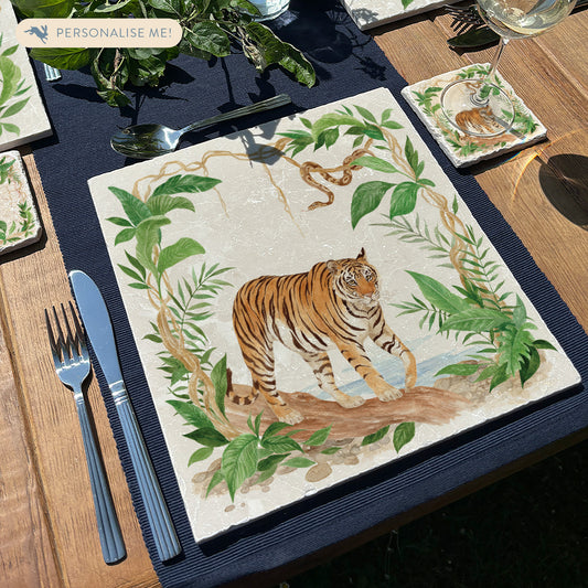 Welcoming our Rainforest Design, surrounded by the rainforest leaves and vines. Capture our Tiger and Python  quietly prowling through the Rainforest, Illustrated in our  original watercolour designs on Large Serving Platter. 
