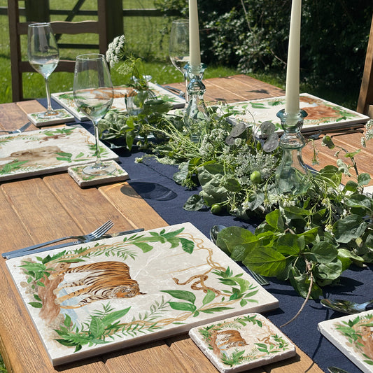 Welcoming our Rainforest Design, surrounded by the rainforest leaves and vines. Capture our Tiger and Python  quietly prowling through the Rainforest, Illustrated in our  original watercolour designs on Large Serving Platter. 