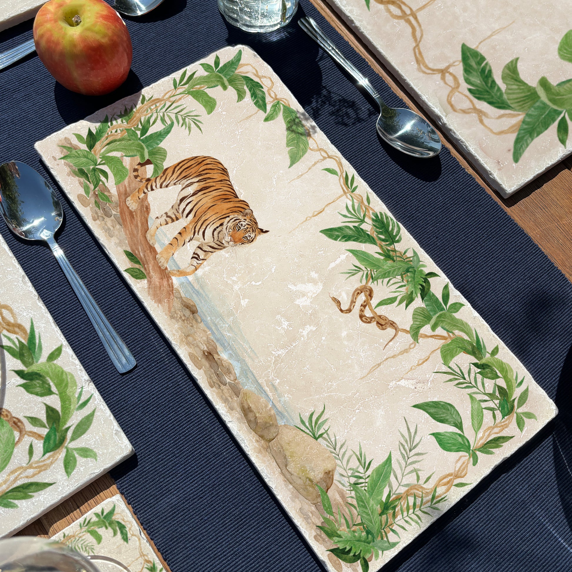Welcoming our Rainforest Design, surrounded by the rainforest leaves and vines. Capture our Tiger and Python  quietly prowling through the Rainforest, Illustrated in our  original watercolour designs on Sharing Serving Platter. 