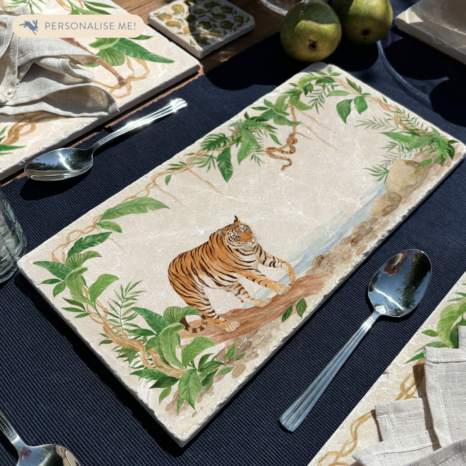 Welcoming our Rainforest Design, surrounded by the rainforest leaves and vines. Capture our Tiger and Python  quietly prowling through the Rainforest, Illustrated in our  original watercolour designs on Sharing Serving Platter. 