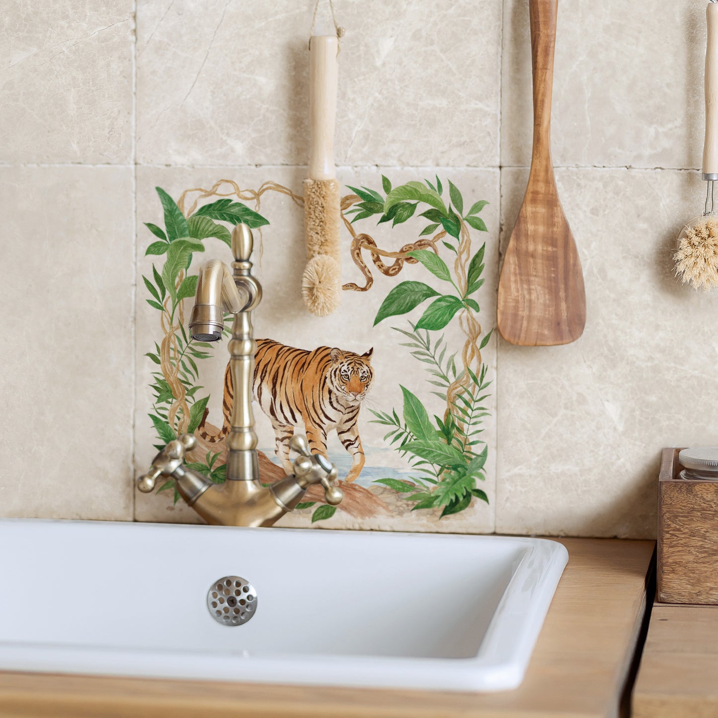 A majestic Tiger prowling through the rainforest whilst the Python keeps watch over the forest from the trees. 