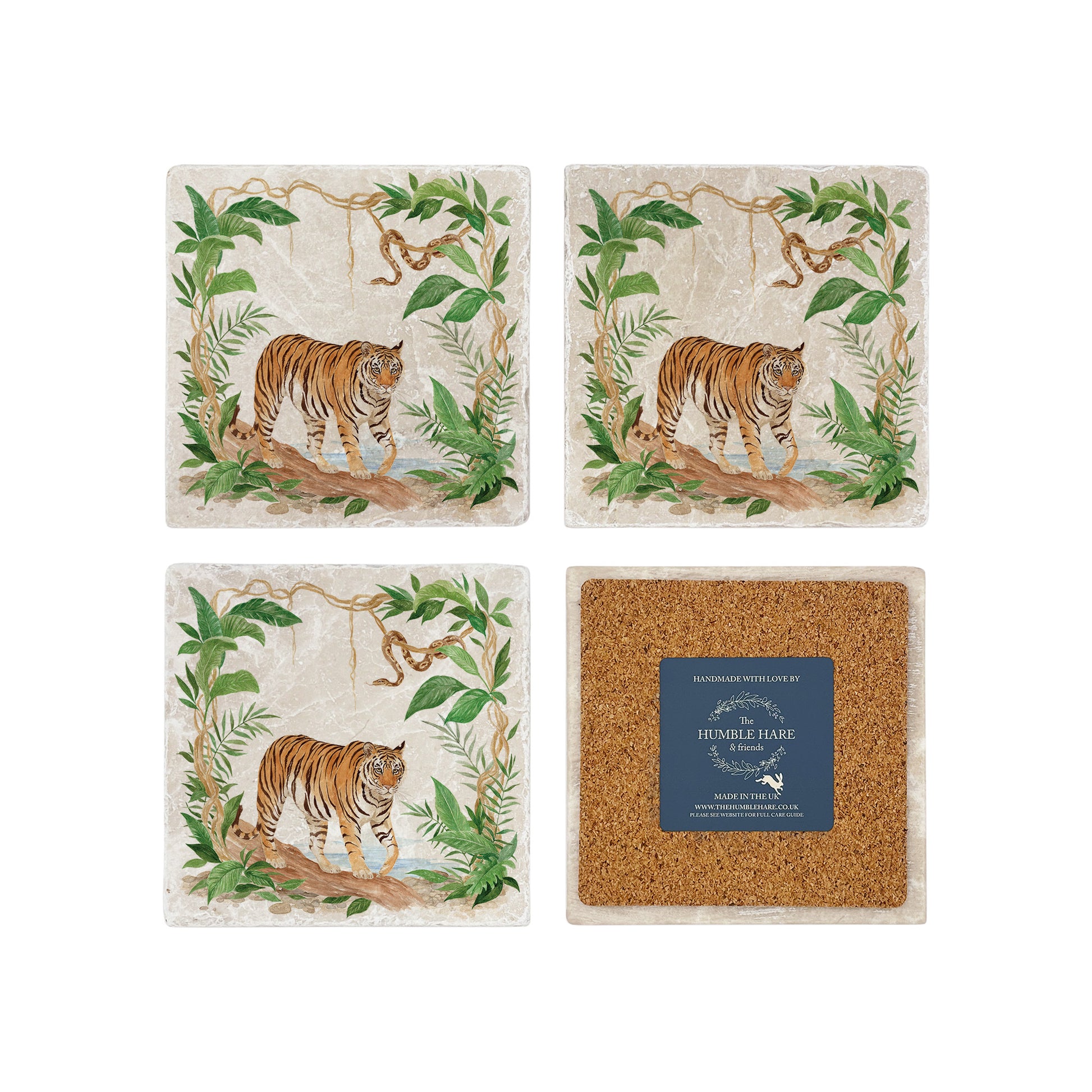 Welcoming our Rainforest Design, surrounded by the rainforest leaves and vines. Capture our Tiger and Python  quietly prowling through the Rainforest, Illustrated in our  original watercolour designs on our set of 4 coasters.