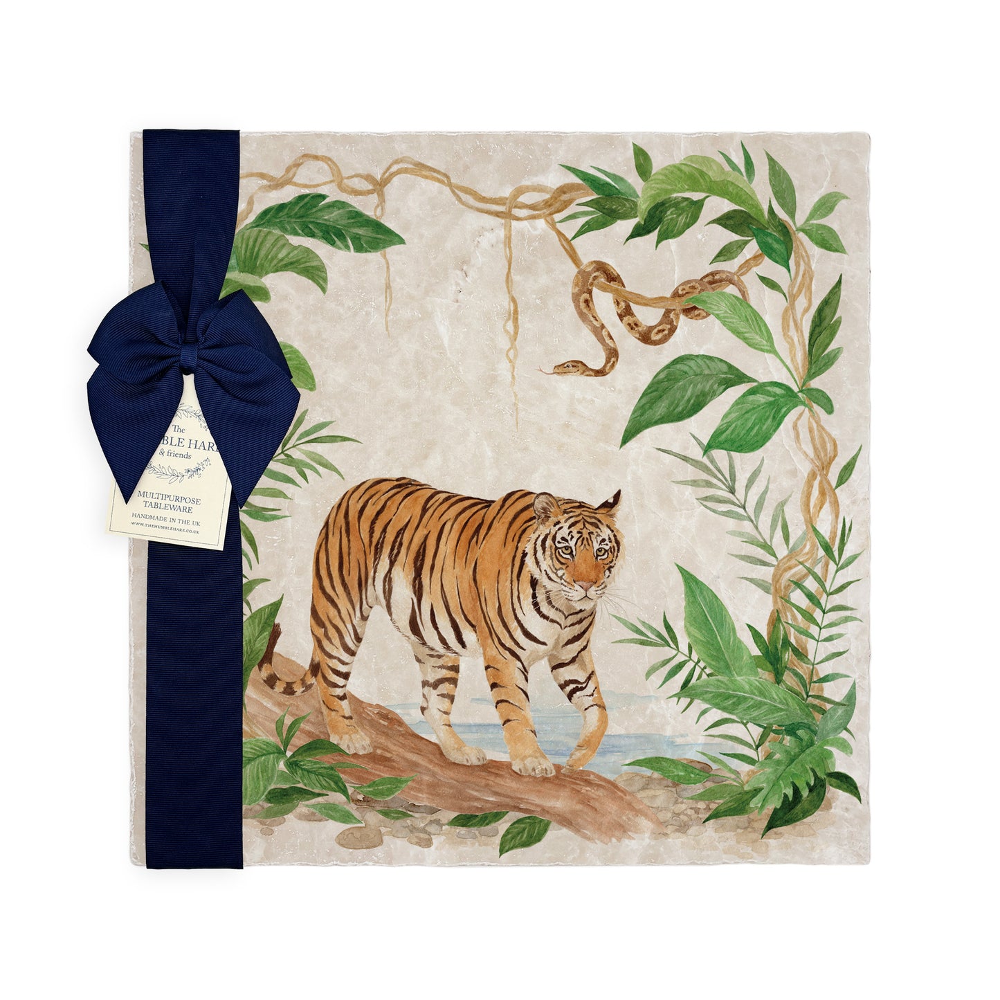 Welcoming our Rainforest Design, surrounded by the rainforest leaves and vines. Capture our Tiger and Python  quietly prowling through the Rainforest, Illustrated in our  original watercolour designs on Large Serving Platter. 
