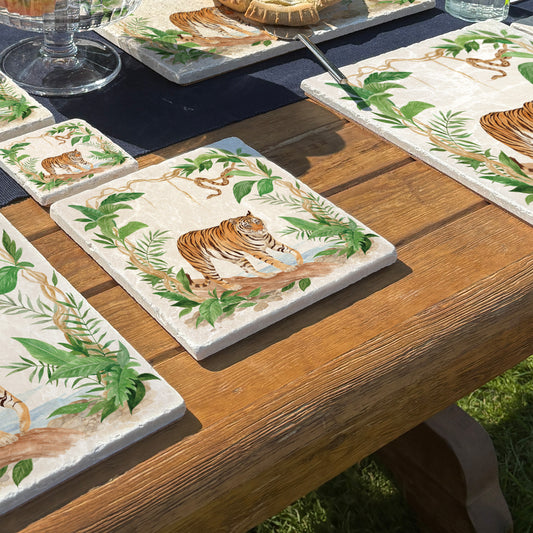 Welcoming our Rainforest Design, surrounded by the rainforest leaves and vines. Capture our Tiger and Python  quietly prowling through the Rainforest, Illustrated in our  original watercolour designs on our Medium Placemat. 