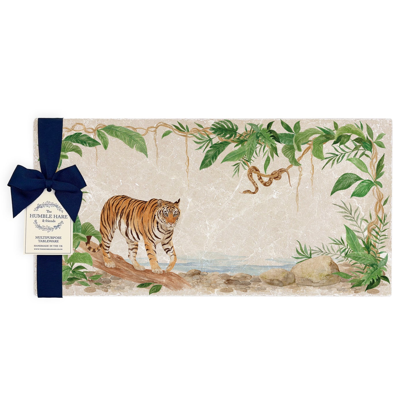 Welcoming our Rainforest Design, surrounded by the rainforest leaves and vines. Capture our Tiger and Python  quietly prowling through the Rainforest, Illustrated in our  original watercolour designs on Sharing Serving Platter. 