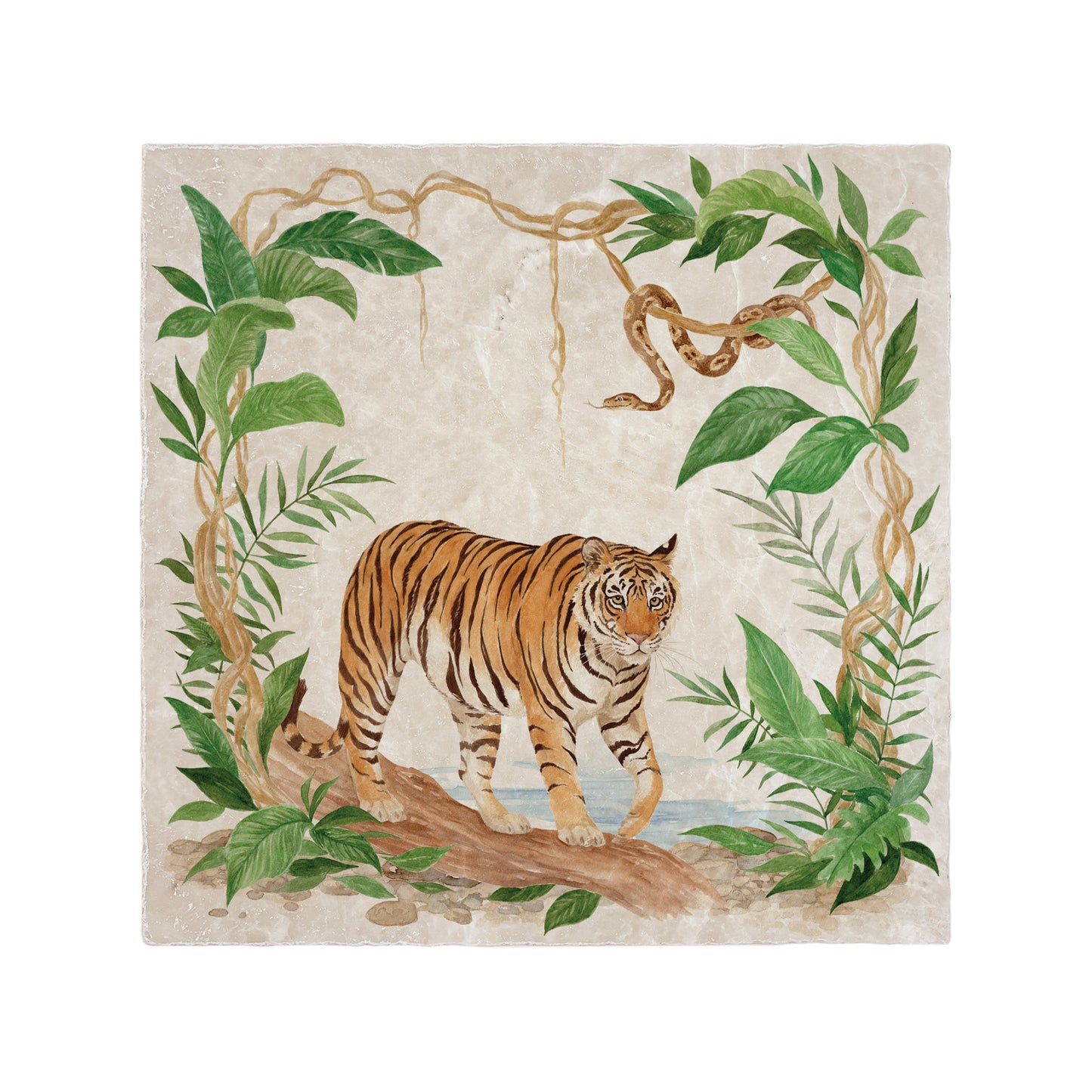 A majestic Tiger prowling through the rainforest whilst the Python keeps watch over the forest from the trees. 