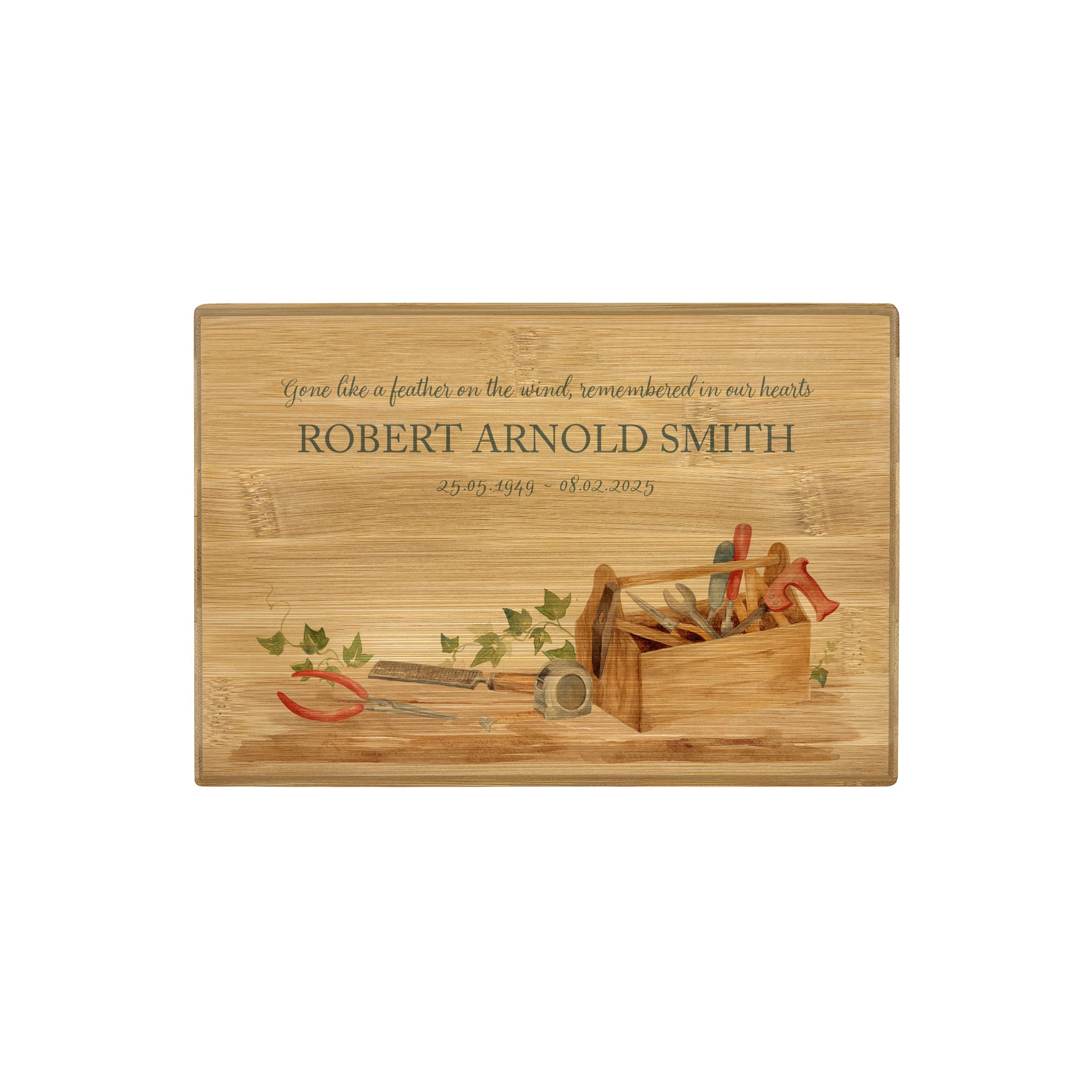 A beautifully crafted solid Bamboo wooden urn, personalised and finished with a soft watercolour design of a tool box, for the person who always fixed things. Great for Dad, Grandad, Brother, Son, Uncle.  Thoughtfully made for either display or burial, this personalised urn can be customised to create a meaningful memorial. Perfect for holding ashes of a loved one or a beloved pet, it serves as a comforting tribute and keepsake. 