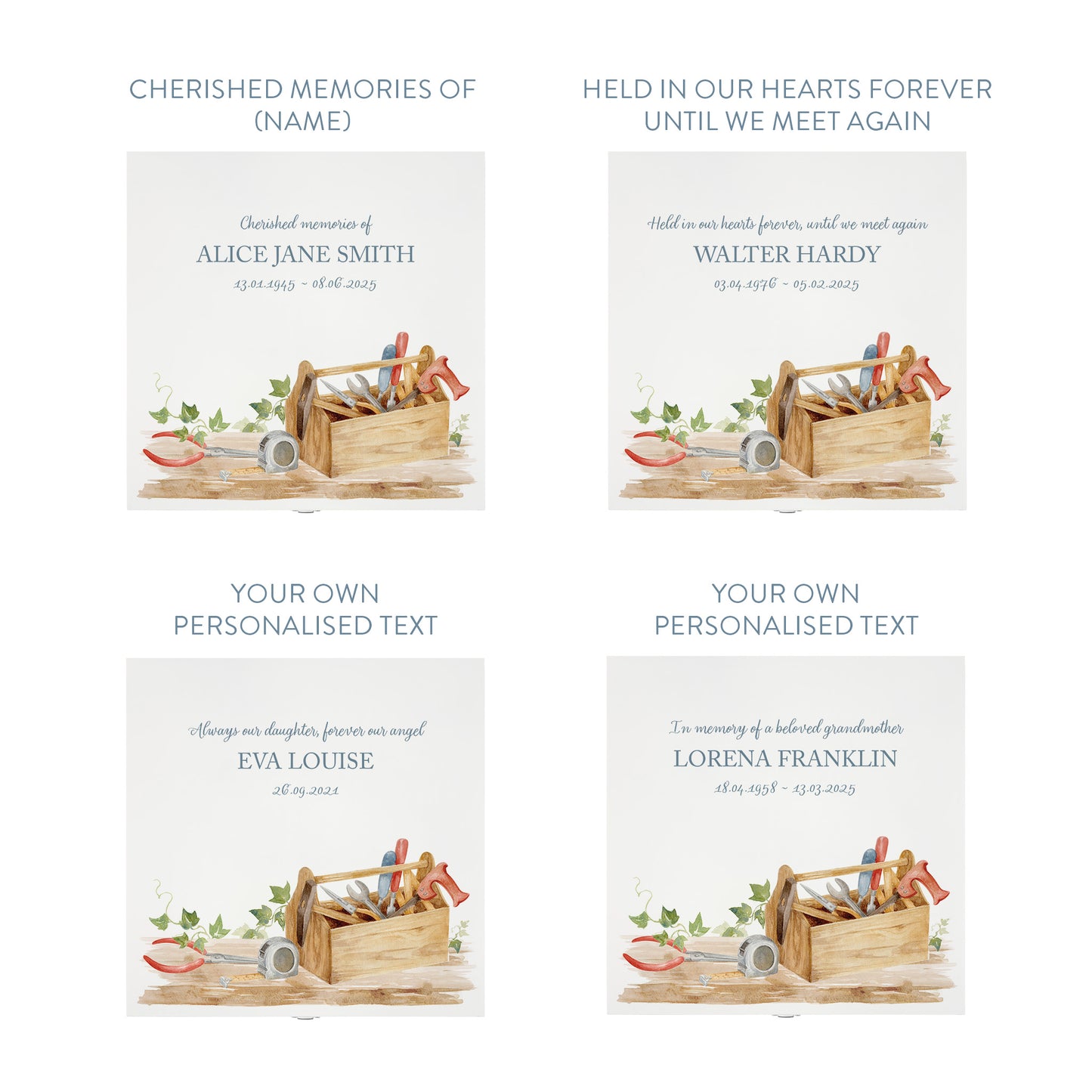 White Square personalised Wooden box with a decorative lid featuring illustrations of Tools on a bench and toolbox, perfect for Dad, Grandad, brother, son memorial Perfect funeral memory keepsake box, for storing ashes, order of service, flowers and capturing your loved ones things in one place. 