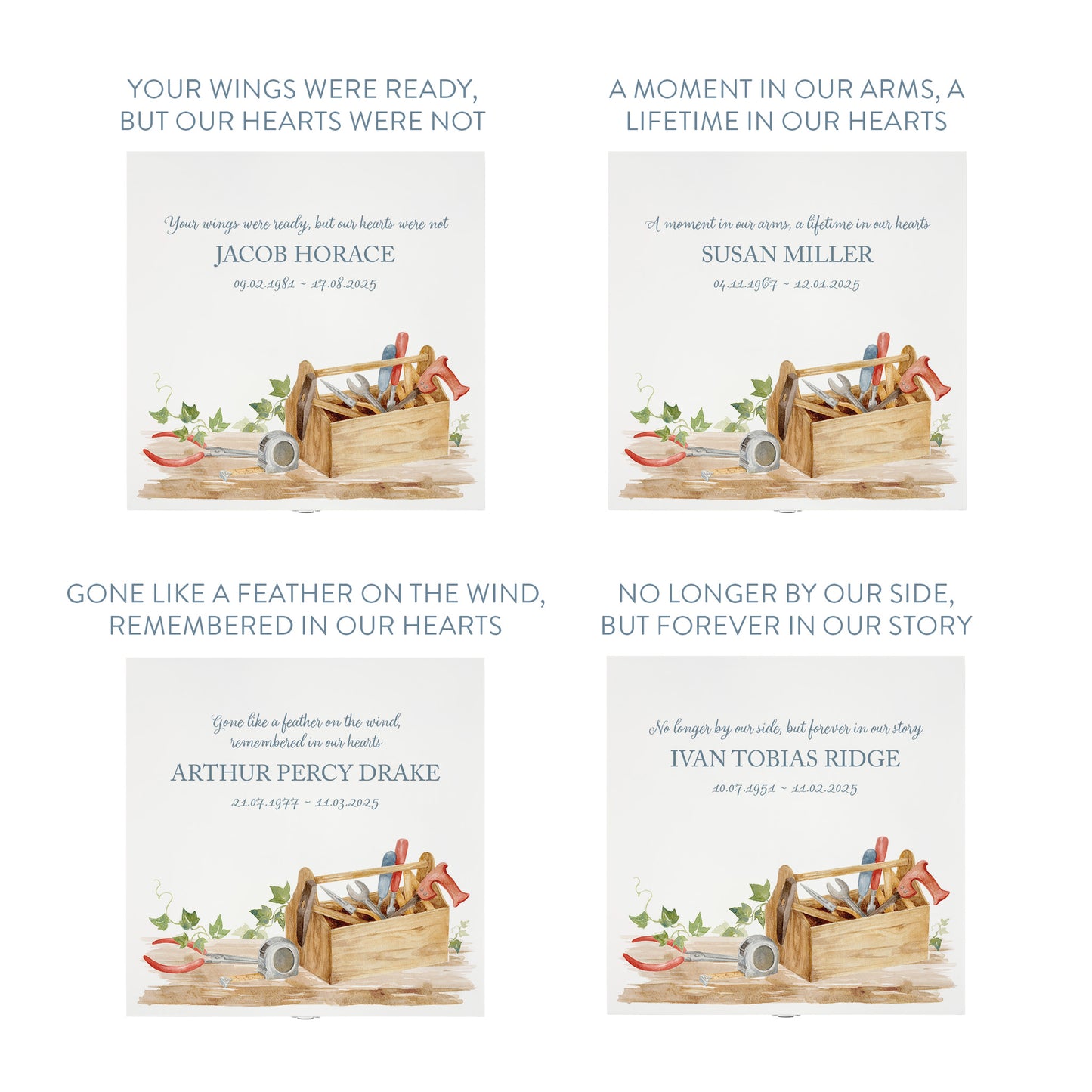 White Square personalised Wooden box with a decorative lid featuring illustrations of Tools on a bench and toolbox, perfect for Dad, Grandad, brother, son memorial Perfect funeral memory keepsake box, for storing ashes, order of service, flowers and capturing your loved ones things in one place. 