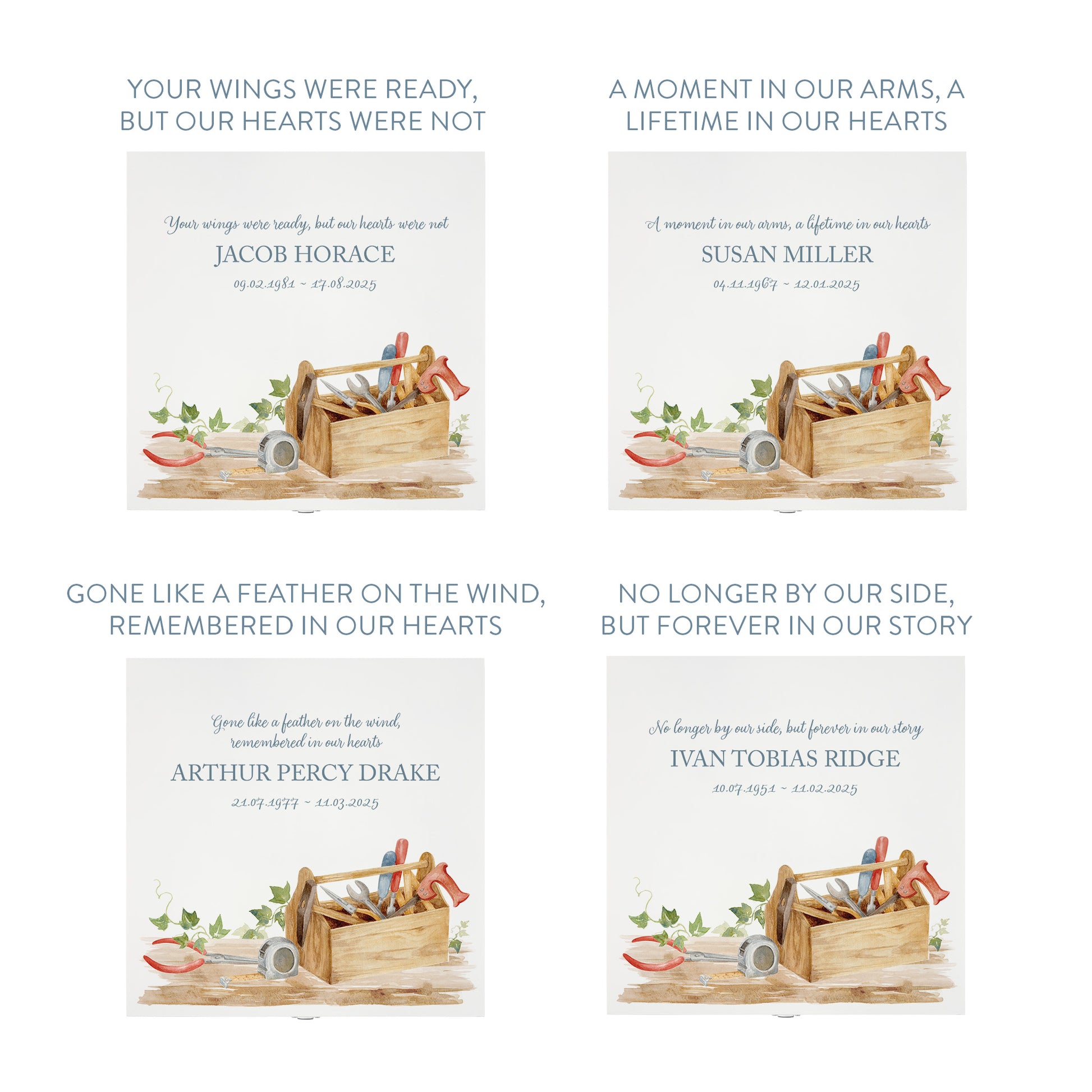 White Square personalised Wooden box with a decorative lid featuring illustrations of Tools on a bench and toolbox, perfect for Dad, Grandad, brother, son memorial Perfect funeral memory keepsake box, for storing ashes, order of service, flowers and capturing your loved ones things in one place. 