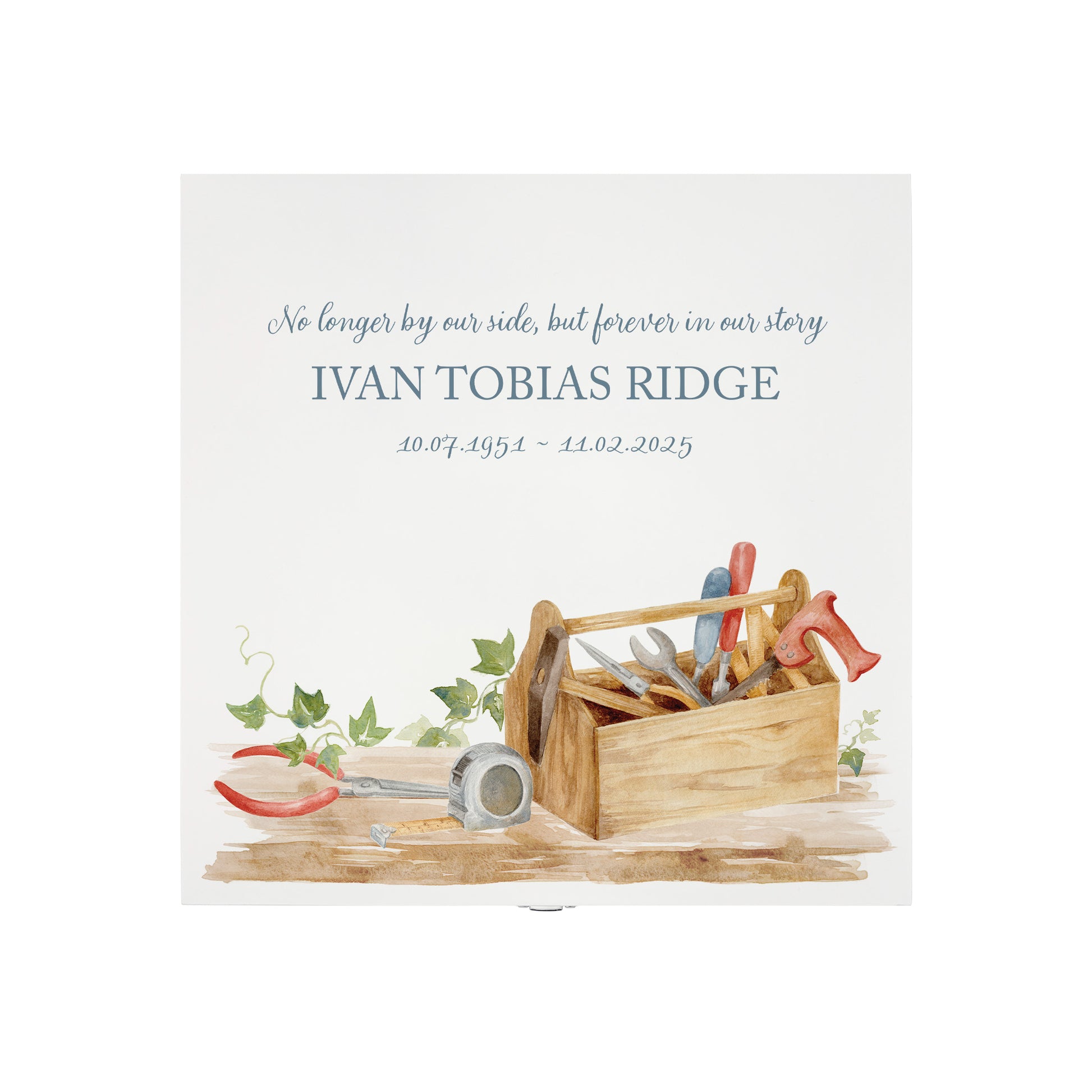 White Square personalised Wooden box with a decorative lid featuring illustrations of Tools on a bench and toolbox, perfect for Dad, Grandad, brother, son memorial Perfect funeral memory keepsake box, for storing ashes, order of service, flowers and capturing your loved ones things in one place. 