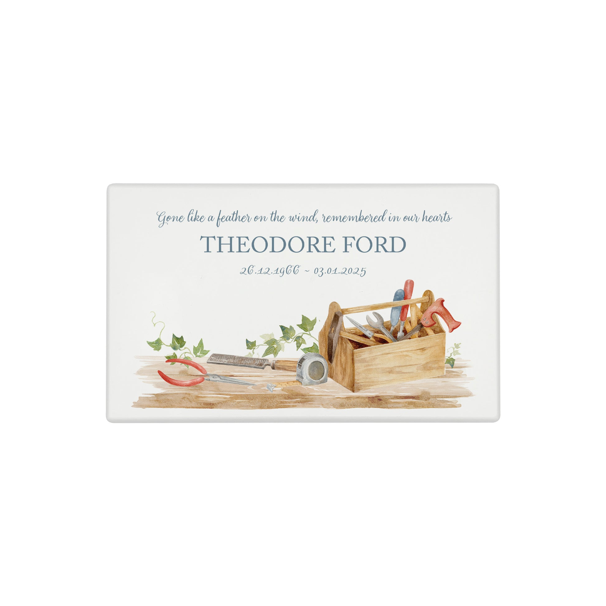 A beautifully crafted solid wooden urn, finished in white with a soft watercolour design Dads, Grandads, uncles, Brothers tool box, Thoughtfully made for either display or burial, this personalised urn can be customised to create a meaningful memorial. Perfect for holding ashes of a loved one or a beloved pet, it serves as a comforting tribute and keepsake.