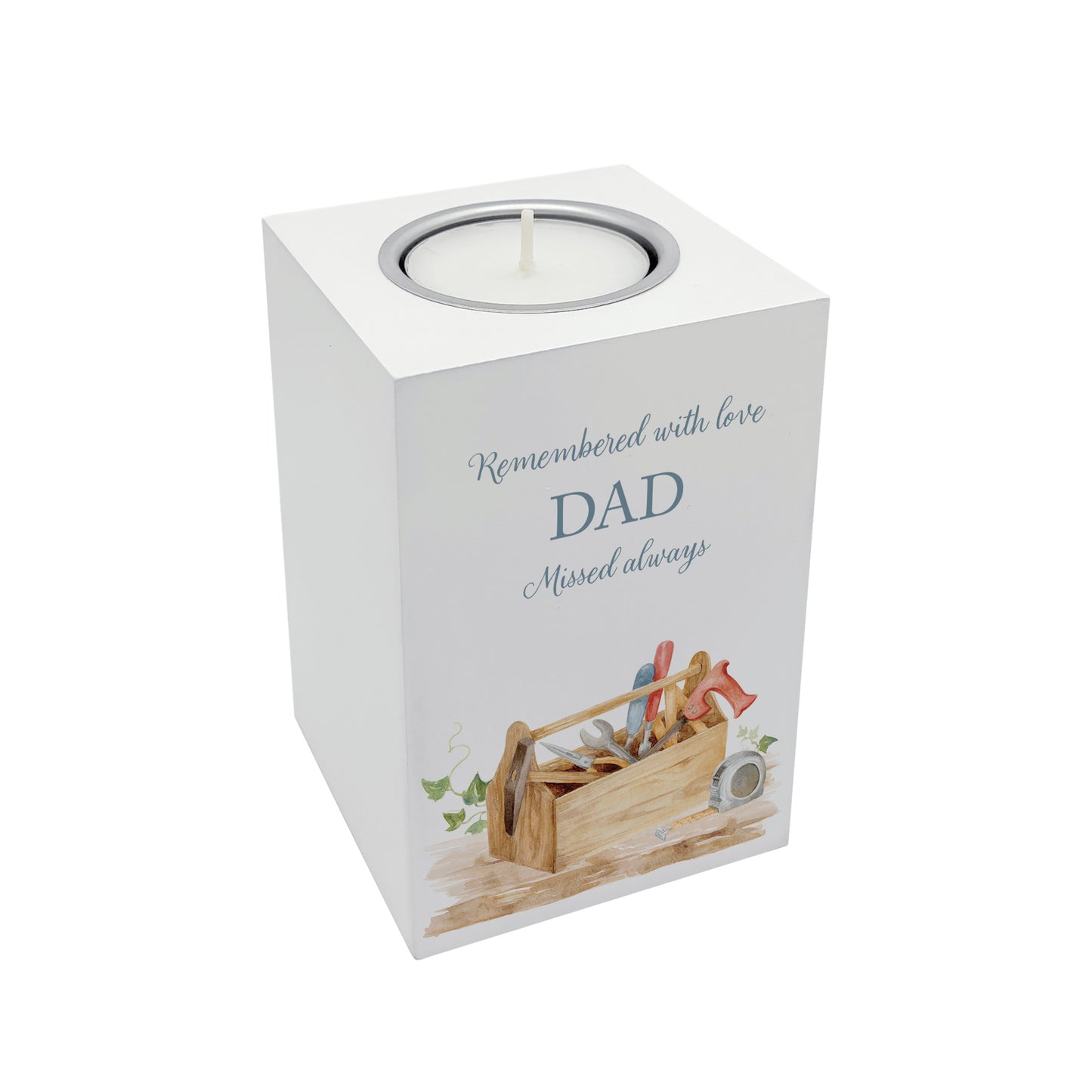 wooden cuboid luxury tealight holder with gorgeous personalised options . Each product is lovingly designed, handmade with our Countryside inspired watercolour designs. This design features a Tool Box on a shelf, perfect for Brother, Dad, Son or Grandad. unique designs to remember a loved on, great for memorial occasions 