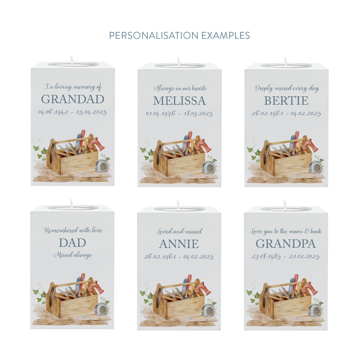 wooden cuboid luxury tealight holder with gorgeous personalised options . Each product is lovingly designed, handmade with our Countryside inspired watercolour designs. This design features a Tool Box on a shelf, perfect for Brother, Dad, Son or Grandad. unique designs to remember a loved on, great for memorial occasions 