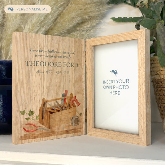 Memorial Solid Oak Photo Frame, personalise with your own message or select from our drop down selection. handmade watercolour paintings, this design features a tool box for the fixer in your life, Perfect for Grandad, Dad, Uncle, Brother