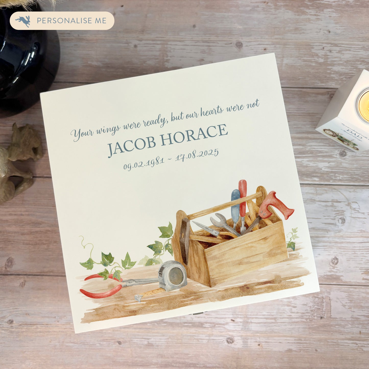 White Square personalised Wooden box with a decorative lid featuring illustrations of Tools on a bench and toolbox, perfect for Dad, Grandad, brother, son memorial Perfect funeral memory keepsake box, for storing ashes, order of service, flowers and capturing your loved ones things in one place. 
