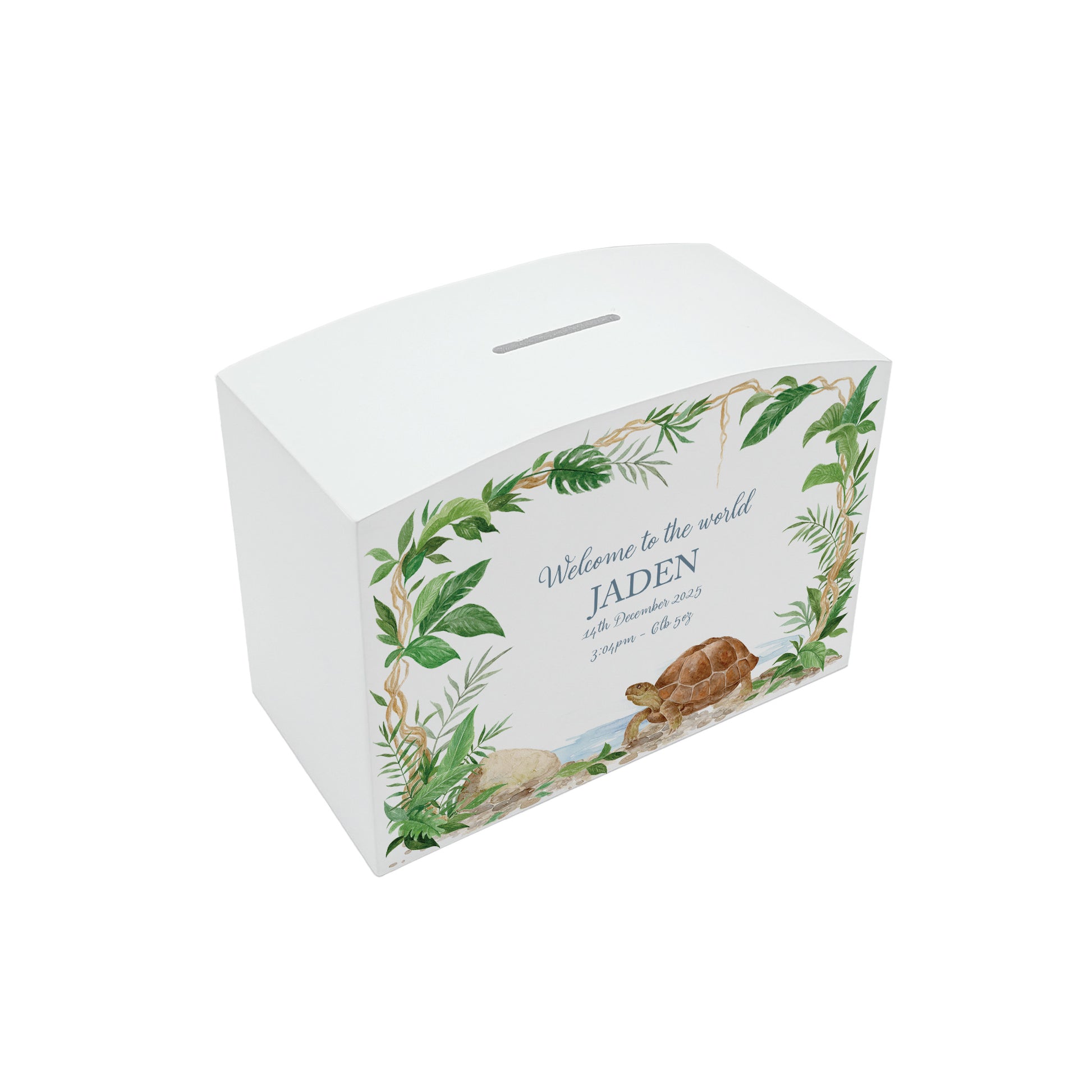 Rainforest design with a slow tortoise walking through the Jungle, the perfect money box idea for Christening, birthday, new baby gift. 