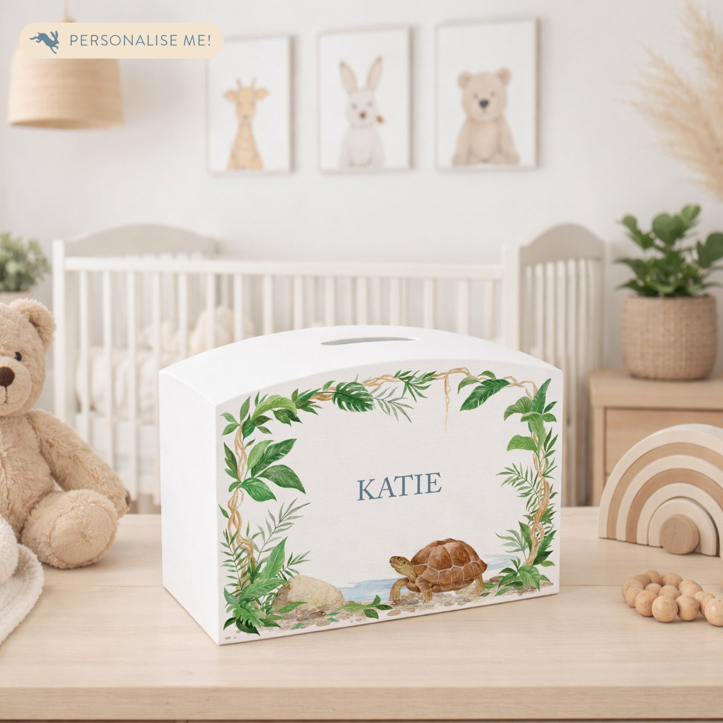 Rainforest design with a slow tortoise walking through the Jungle, the perfect money box idea for Christening, birthday, new baby gift. 