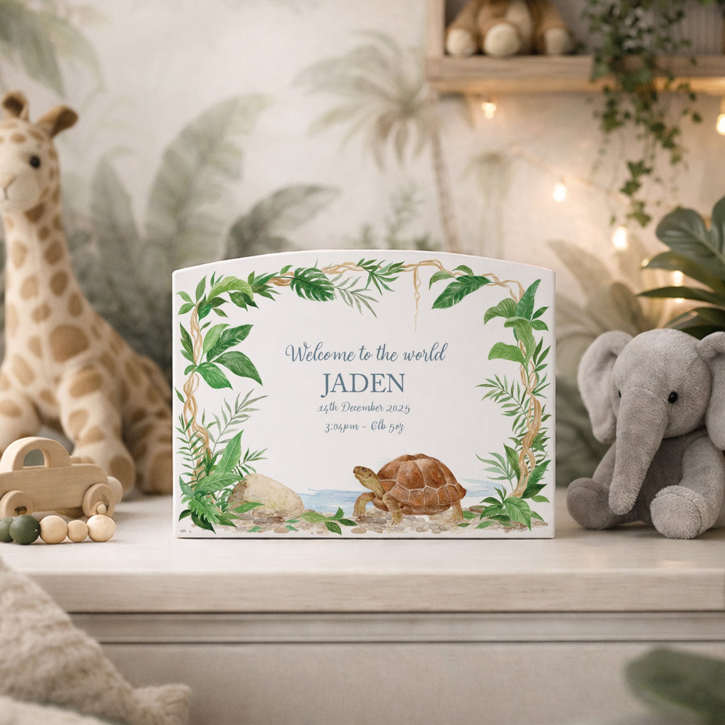 Rainforest design with a slow tortoise walking through the Jungle, the perfect money box idea for Christening, birthday, new baby gift. 
