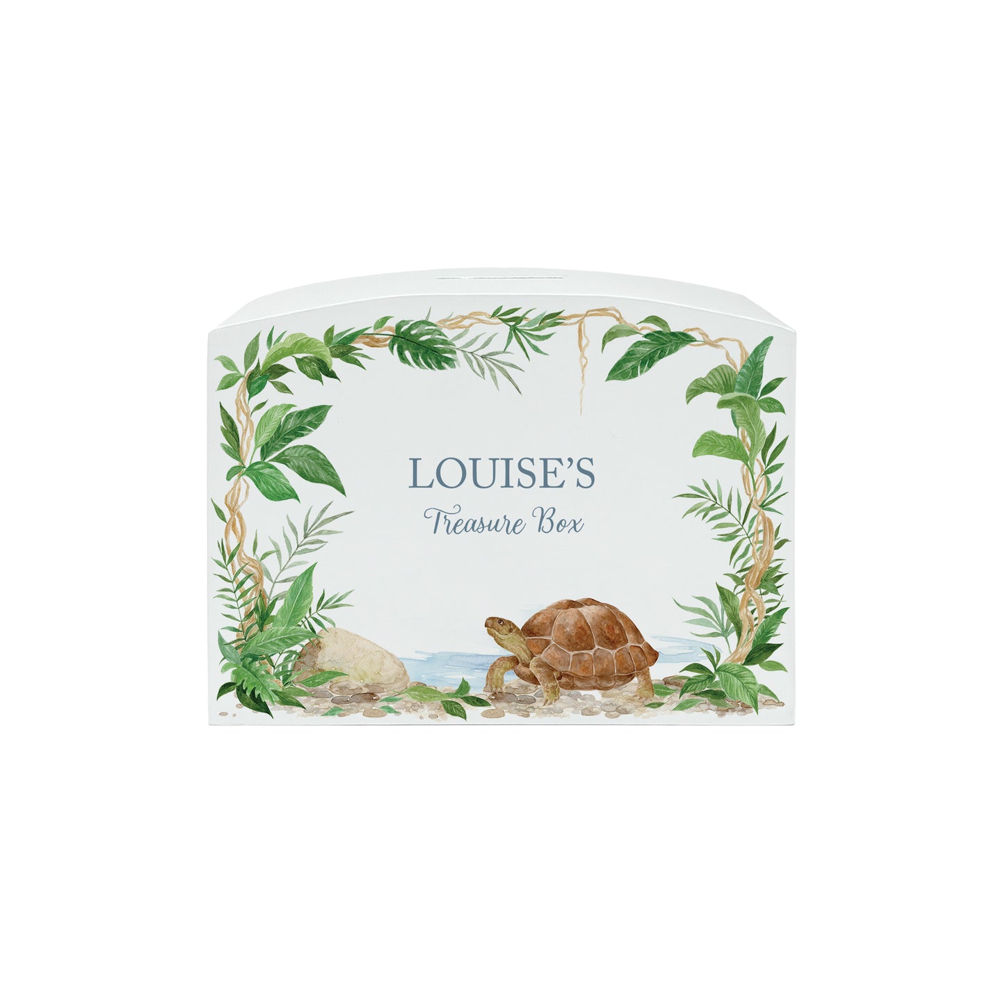 Rainforest design with a slow tortoise walking through the Jungle, the perfect money box idea for Christening, birthday, new baby gift. 
