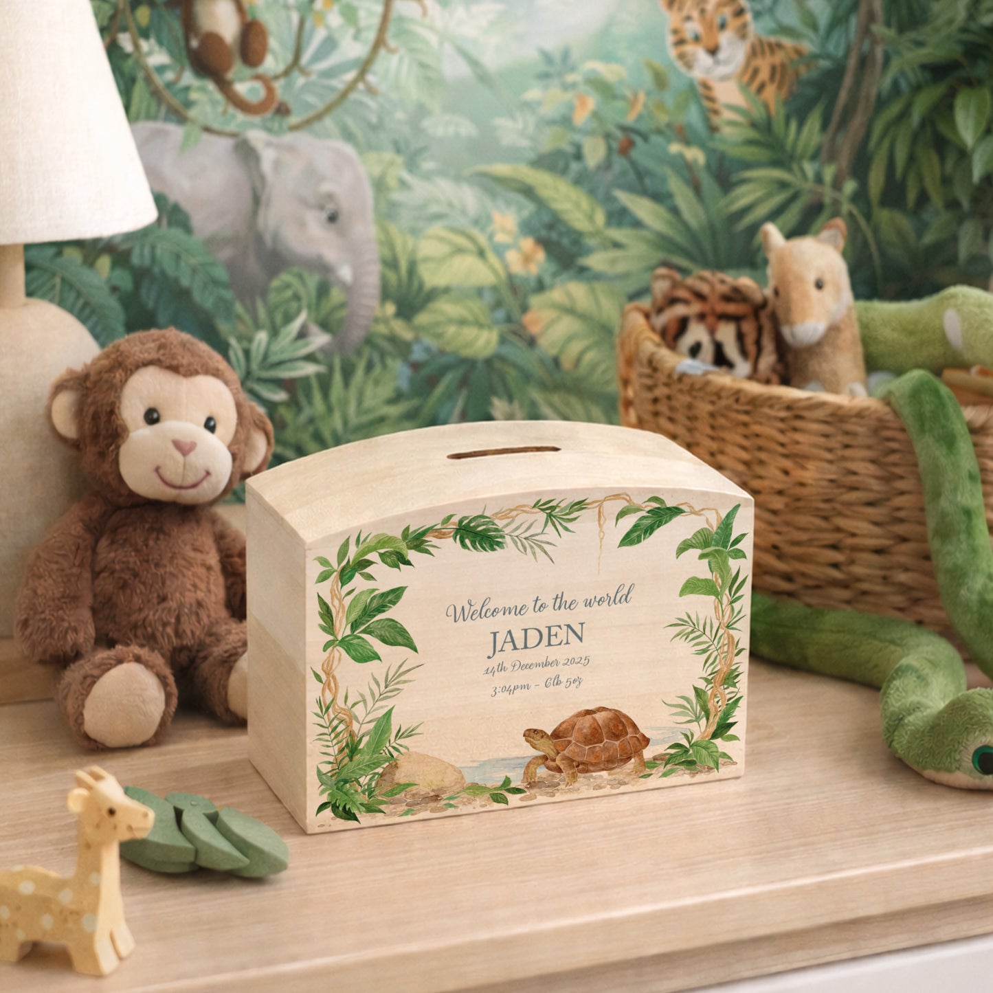 handmade personalised money box gift for new baby nursery
