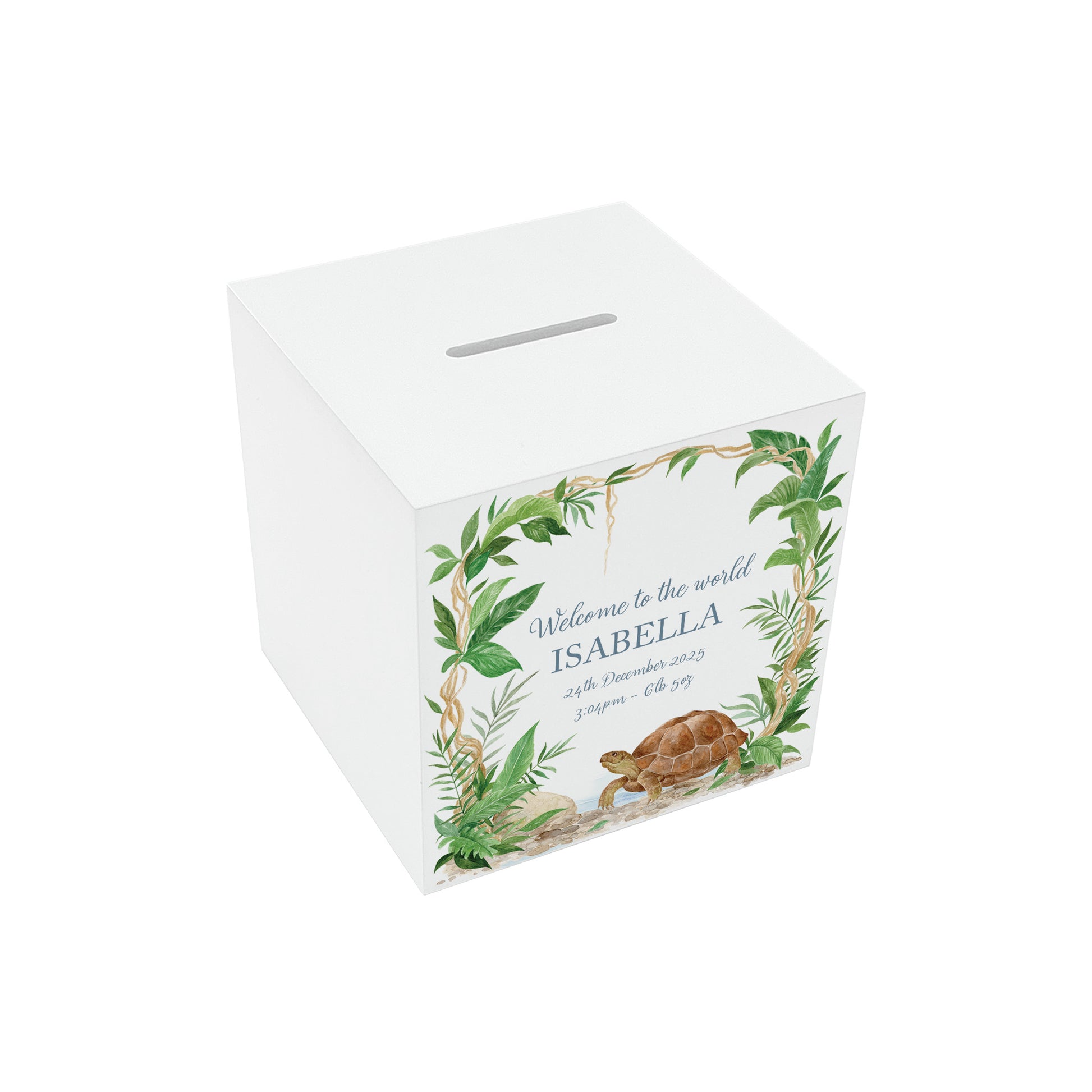 handmade nursery money box with soft watercolour baby animal design, This design shows a Tortoise walking slowly through the rainforest