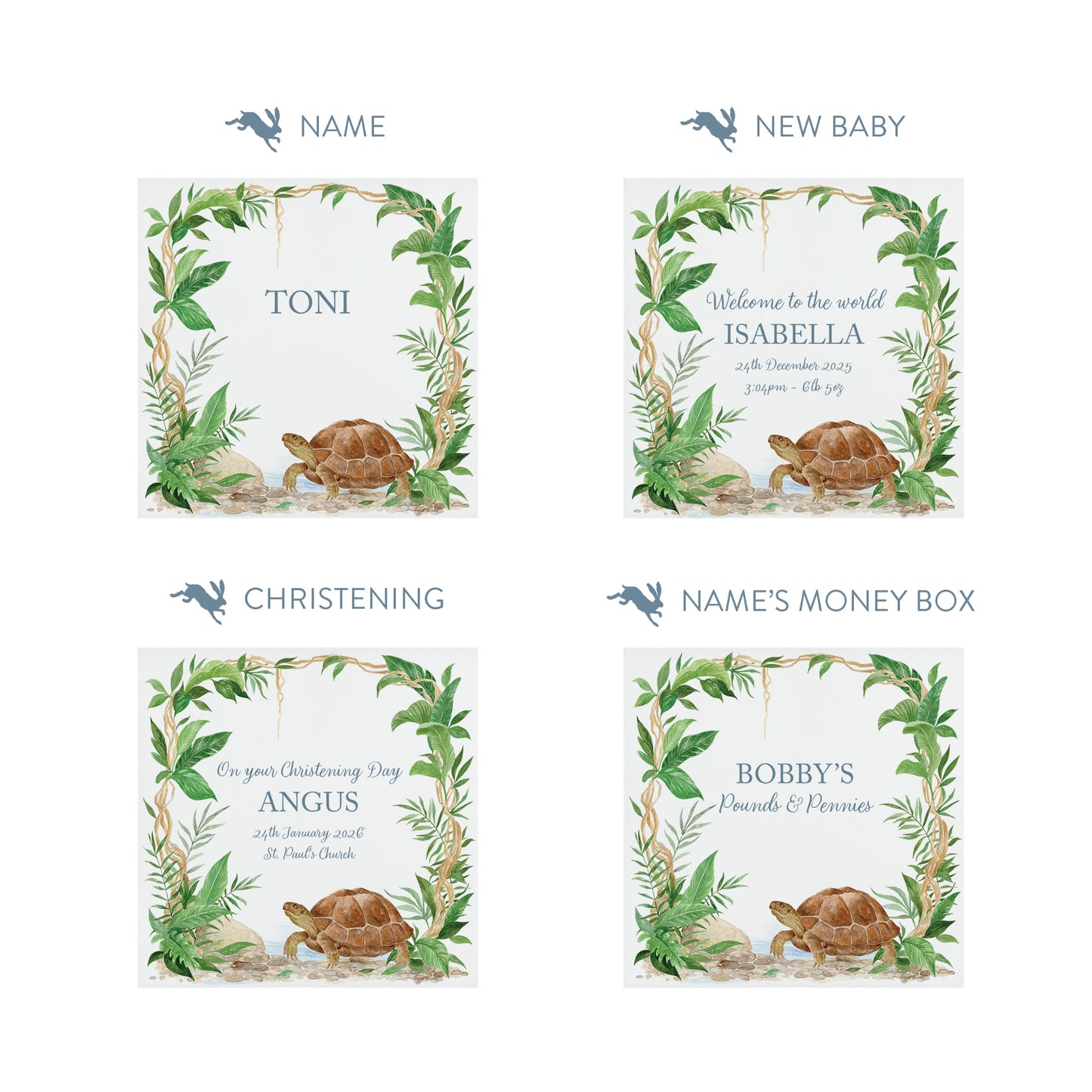 handmade nursery money box with soft watercolour baby animal design, This design shows a Tortoise walking slowly through the rainforest