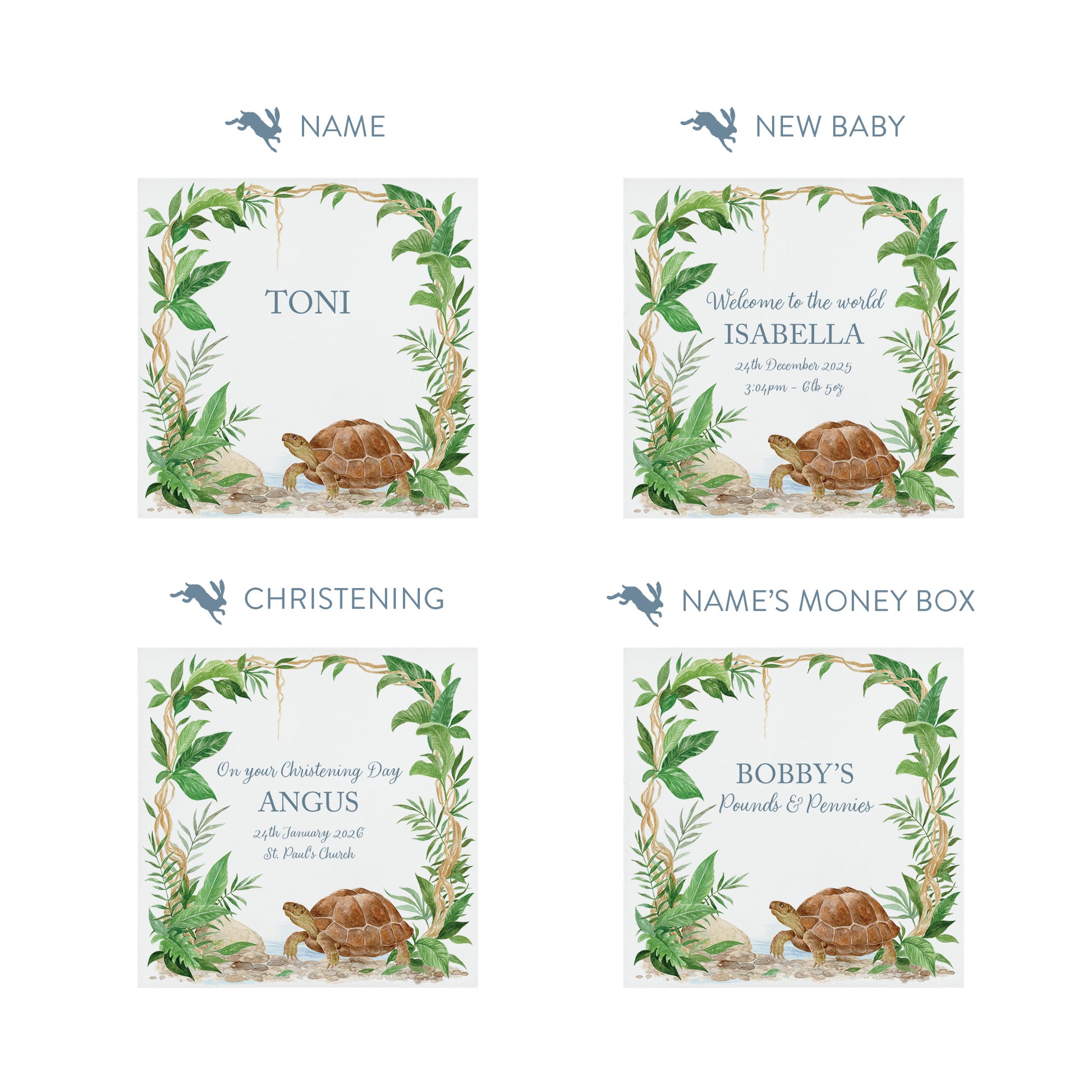 handmade nursery money box with soft watercolour baby animal design, This design shows a Tortoise walking slowly through the rainforest