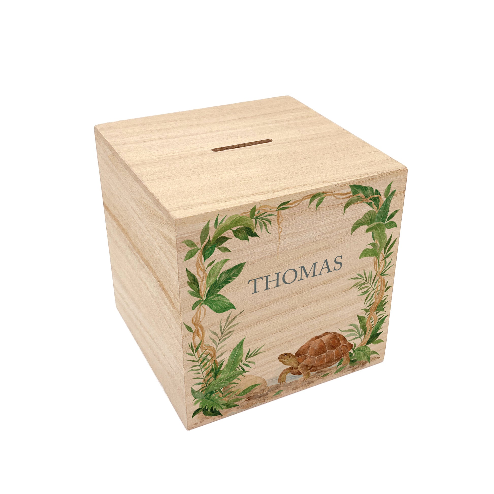 handmade childrens bedroom decor money box with watercolour animals, personalised money box with a tortoise design 