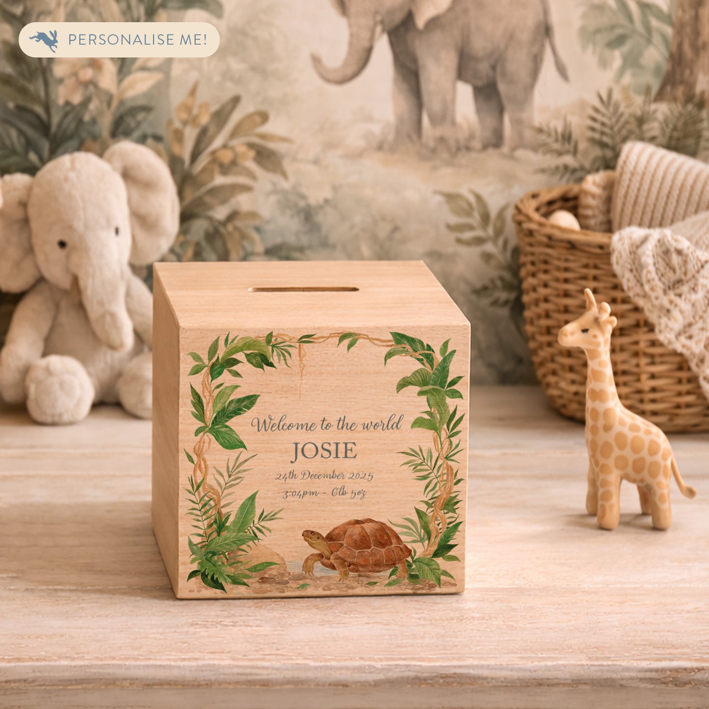 handmade childrens bedroom decor money box with watercolour animals, personalised money box with a tortoise design 