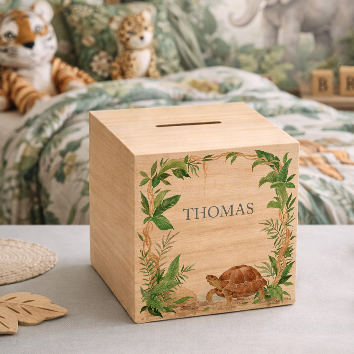 handmade childrens bedroom decor money box with watercolour animals, personalised money box with a tortoise design 