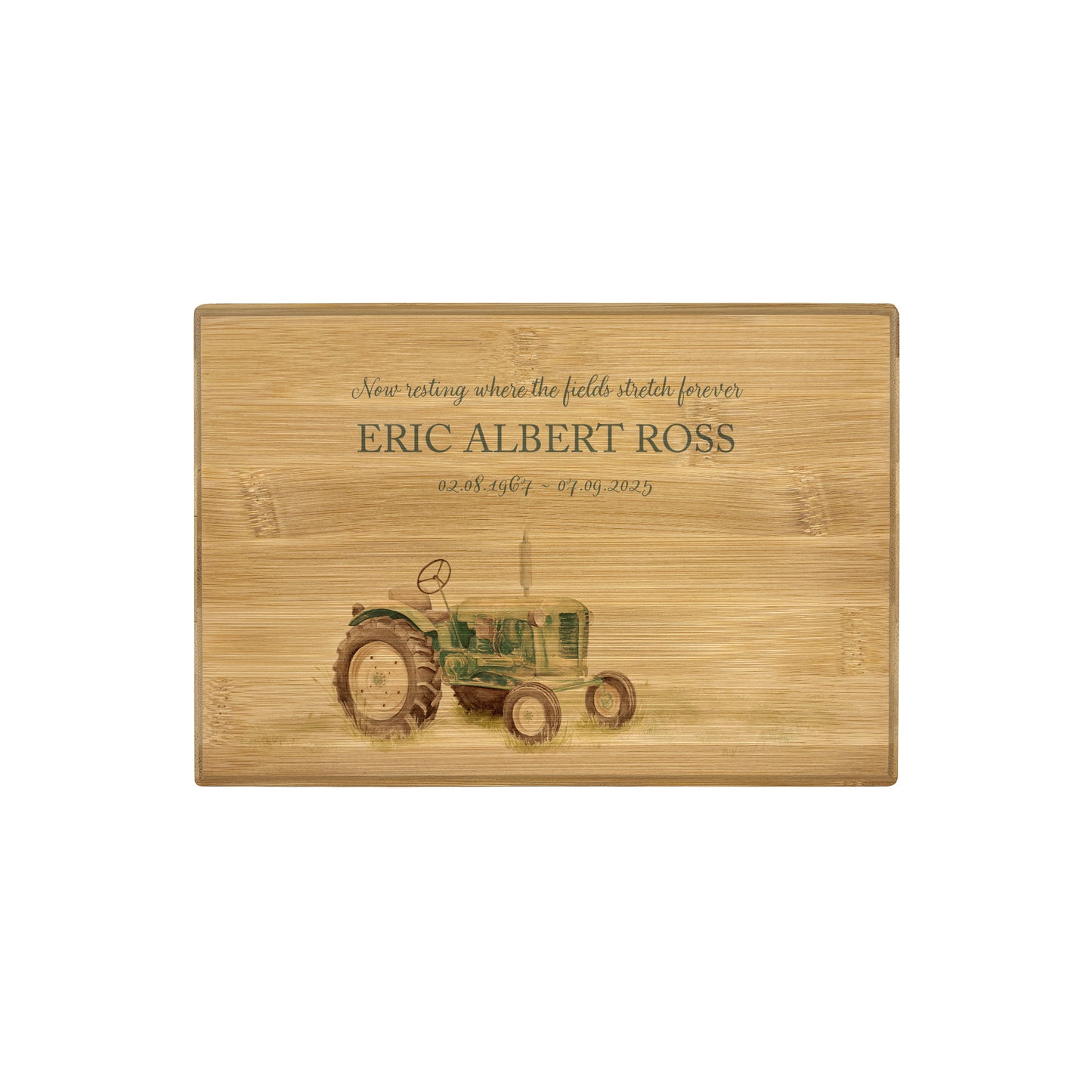 A beautifully crafted solid Bamboo wooden urn, personalised and finished with a soft watercolour design of a Farmers Tractor,  Great for Dad, Grandad, Brother, Son, Uncle.  Thoughtfully made for either display or burial, this personalised urn can be customised to create a meaningful memorial. Perfect for holding ashes of a loved one or a beloved pet, it serves as a comforting tribute and keepsake. 