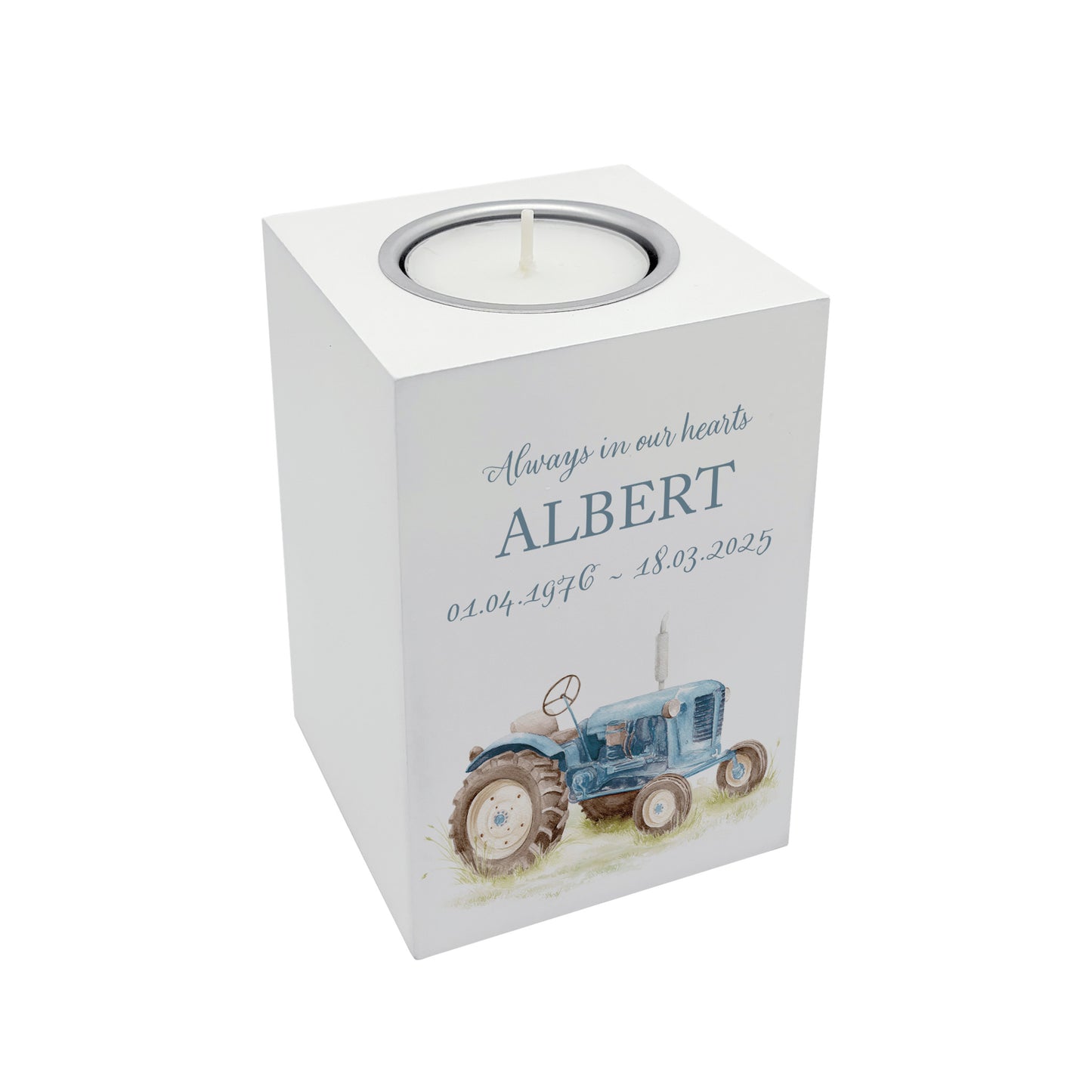 wooden cuboid luxury tealight holder with gorgeous personalised options . Each product is lovingly designed, handmade with our Countryside inspired watercolour designs. This design features a Tractor perfect for Brother, Dad, Son or Grandad. unique designs to remember a loved on, great for memorial occasions 