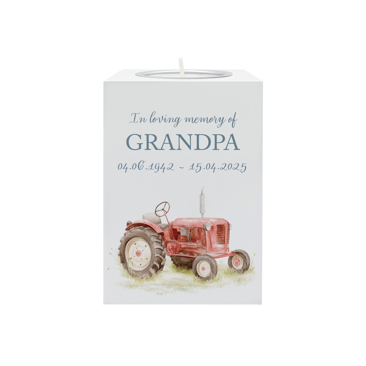 wooden cuboid luxury tealight holder with gorgeous personalised options . Each product is lovingly designed, handmade with our Countryside inspired watercolour designs. This design features a Tractor perfect for Brother, Dad, Son or Grandad. unique designs to remember a loved on, great for memorial occasions 