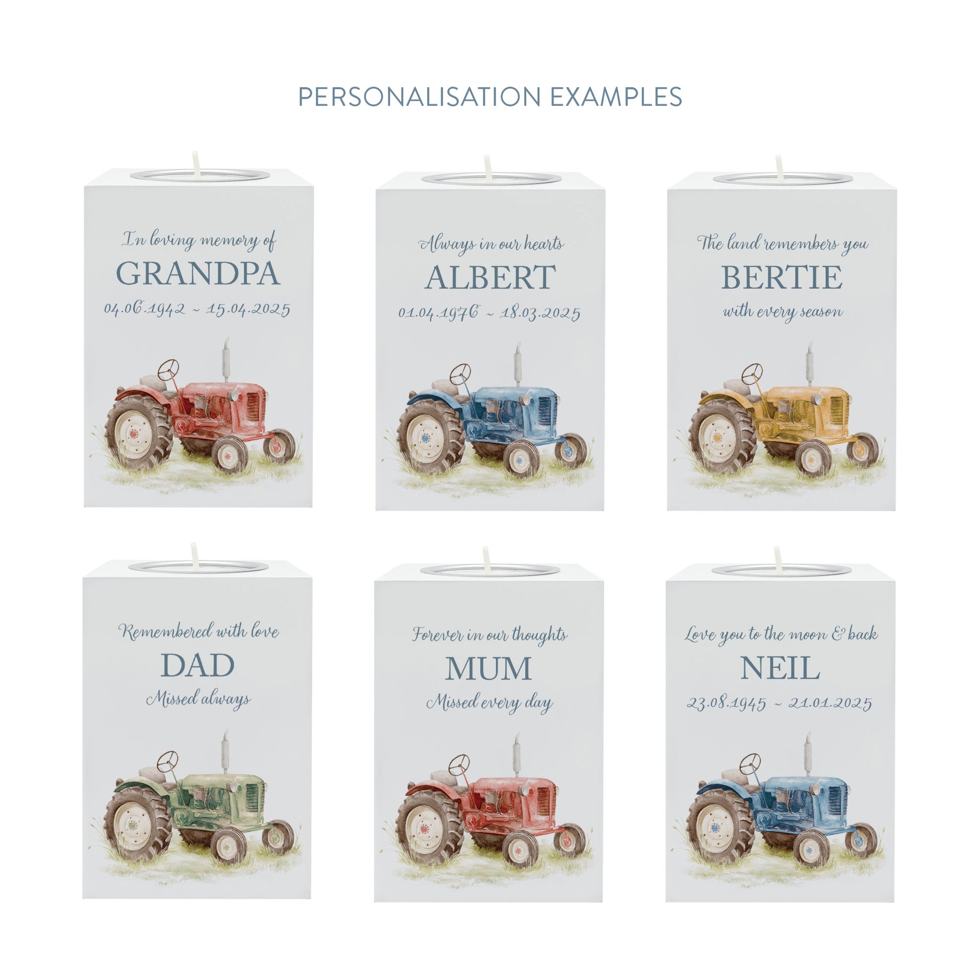 wooden cuboid luxury tealight holder with gorgeous personalised options . Each product is lovingly designed, handmade with our Countryside inspired watercolour designs. This design features a Tractor perfect for Brother, Dad, Son or Grandad. unique designs to remember a loved on, great for memorial occasions 