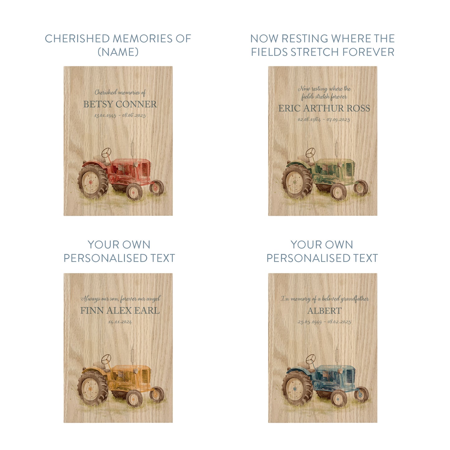 Memorial Solid Oak Photo Frame, personalise with your own message or select from our drop down selection. handmade watercolour paintings, this design features a Tractor. Perfect for Grandad, Dad, Uncle, Brother