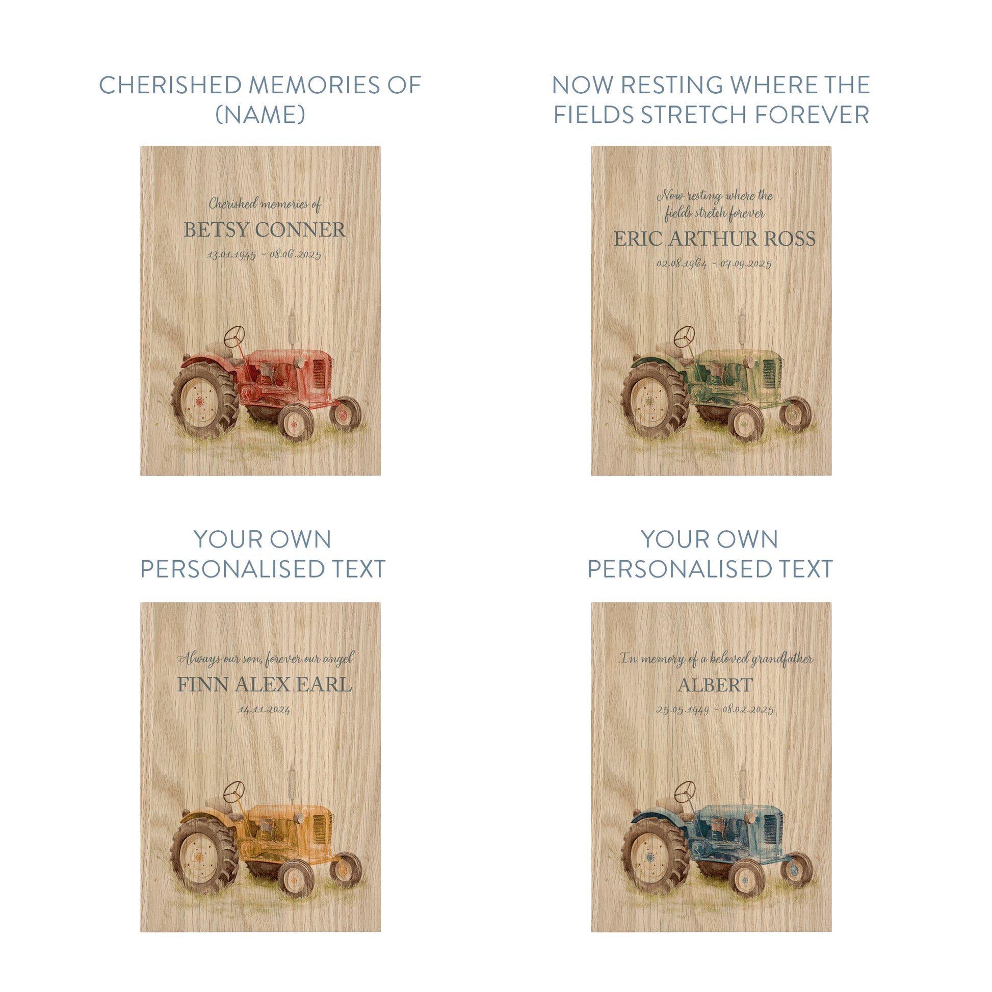 Memorial Solid Oak Photo Frame, personalise with your own message or select from our drop down selection. handmade watercolour paintings, this design features a Tractor. Perfect for Grandad, Dad, Uncle, Brother