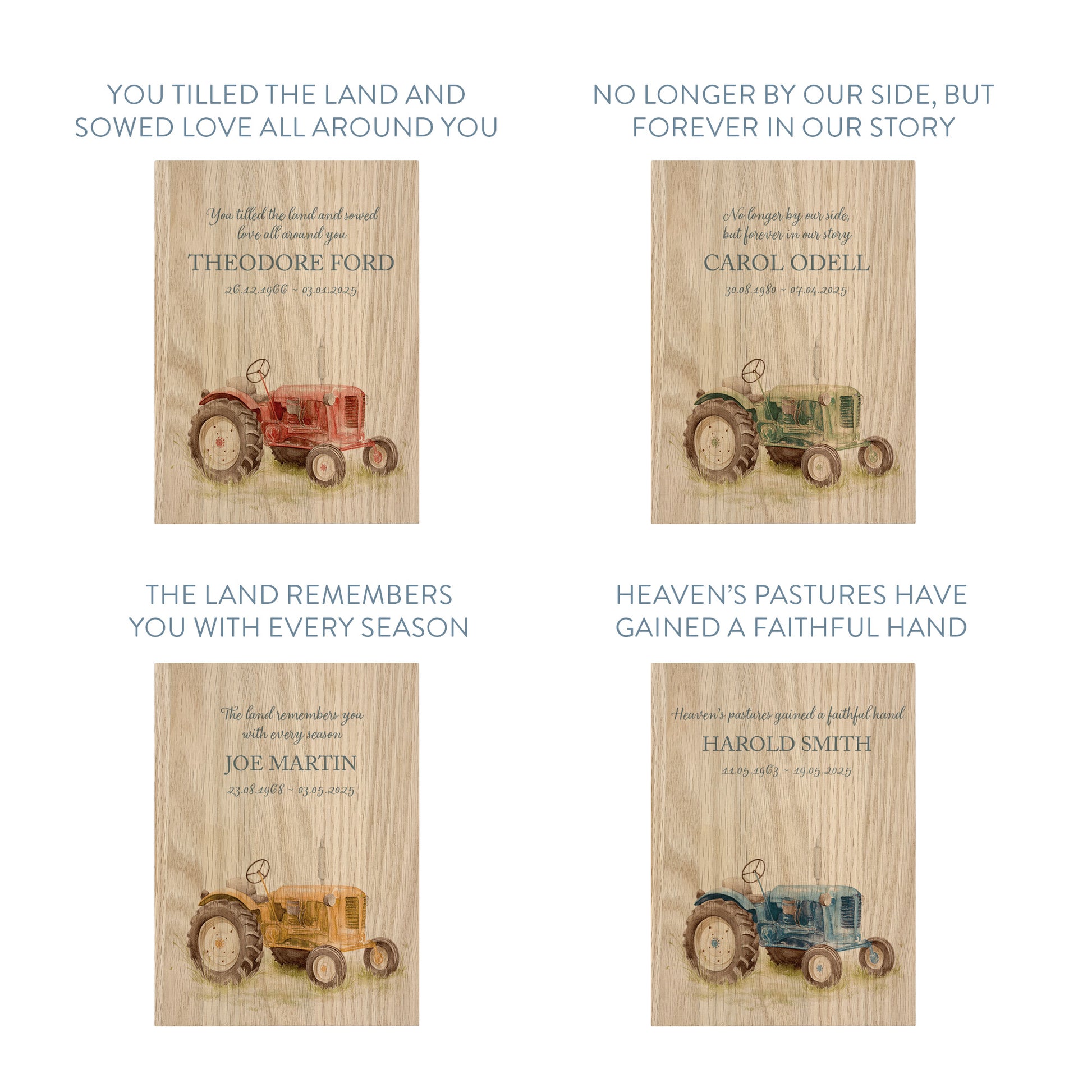 Memorial Solid Oak Photo Frame, personalise with your own message or select from our drop down selection. handmade watercolour paintings, this design features a Tractor. Perfect for Grandad, Dad, Uncle, Brother