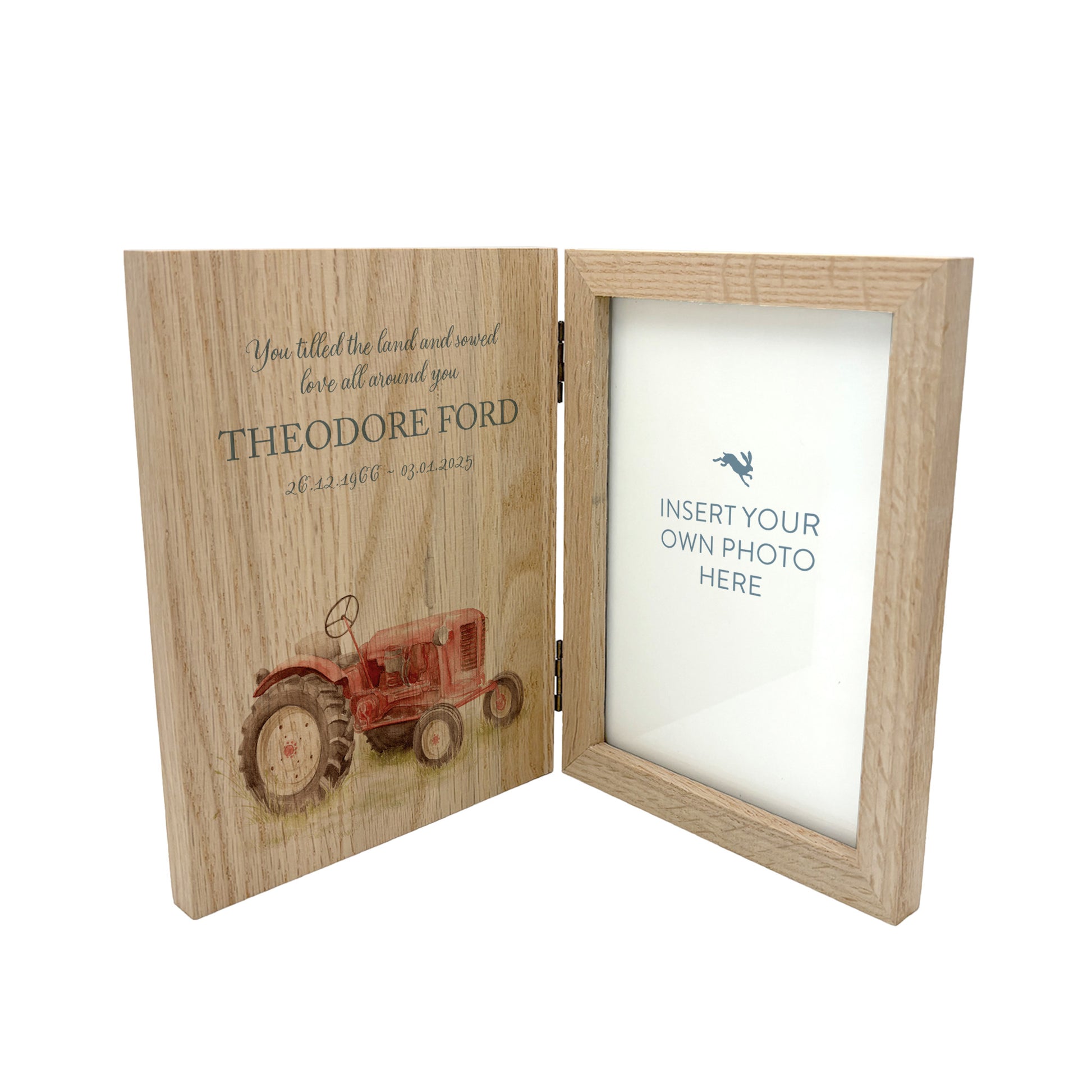 Memorial Solid Oak Photo Frame, personalise with your own message or select from our drop down selection. handmade watercolour paintings, this design features a Tractor. Perfect for Grandad, Dad, Uncle, Brother