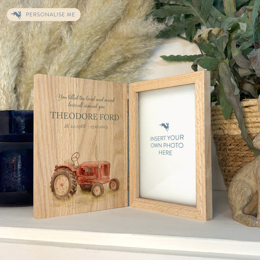Memorial Solid Oak Photo Frame, personalise with your own message or select from our drop down selection. handmade watercolour paintings, this design features a Tractor. Perfect for Grandad, Dad, Uncle, Brother