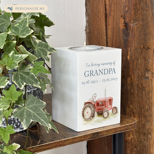 wooden cuboid luxury tealight holder with gorgeous personalised options . Each product is lovingly designed, handmade with our Countryside inspired watercolour designs. This design features a Tractor perfect for Brother, Dad, Son or Grandad. unique designs to remember a loved on, great for memorial occasions 