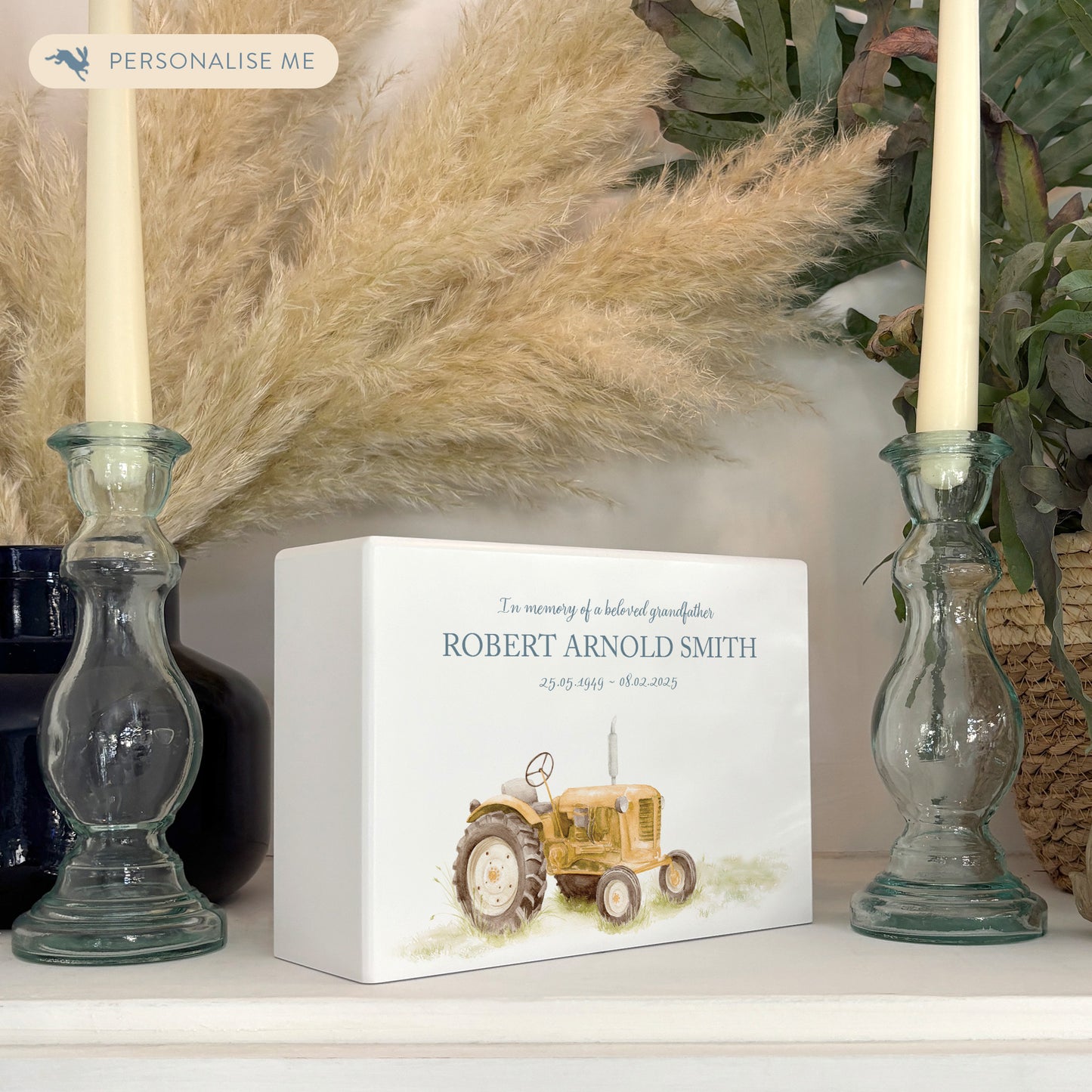 Luxury solid wooden white painted with a Tractor watercolour illustration our urns and Caskets for displaying or burying ashes. Customisable and can be personalised. Perfect funeral memory keepsake urn, for storing ashes for humans and pets. 