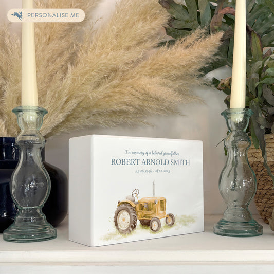 Luxury solid wooden white painted with a Tractor watercolour illustration our urns and Caskets for displaying or burying ashes. Customisable and can be personalised. Perfect funeral memory keepsake urn, for storing ashes for humans and pets. 