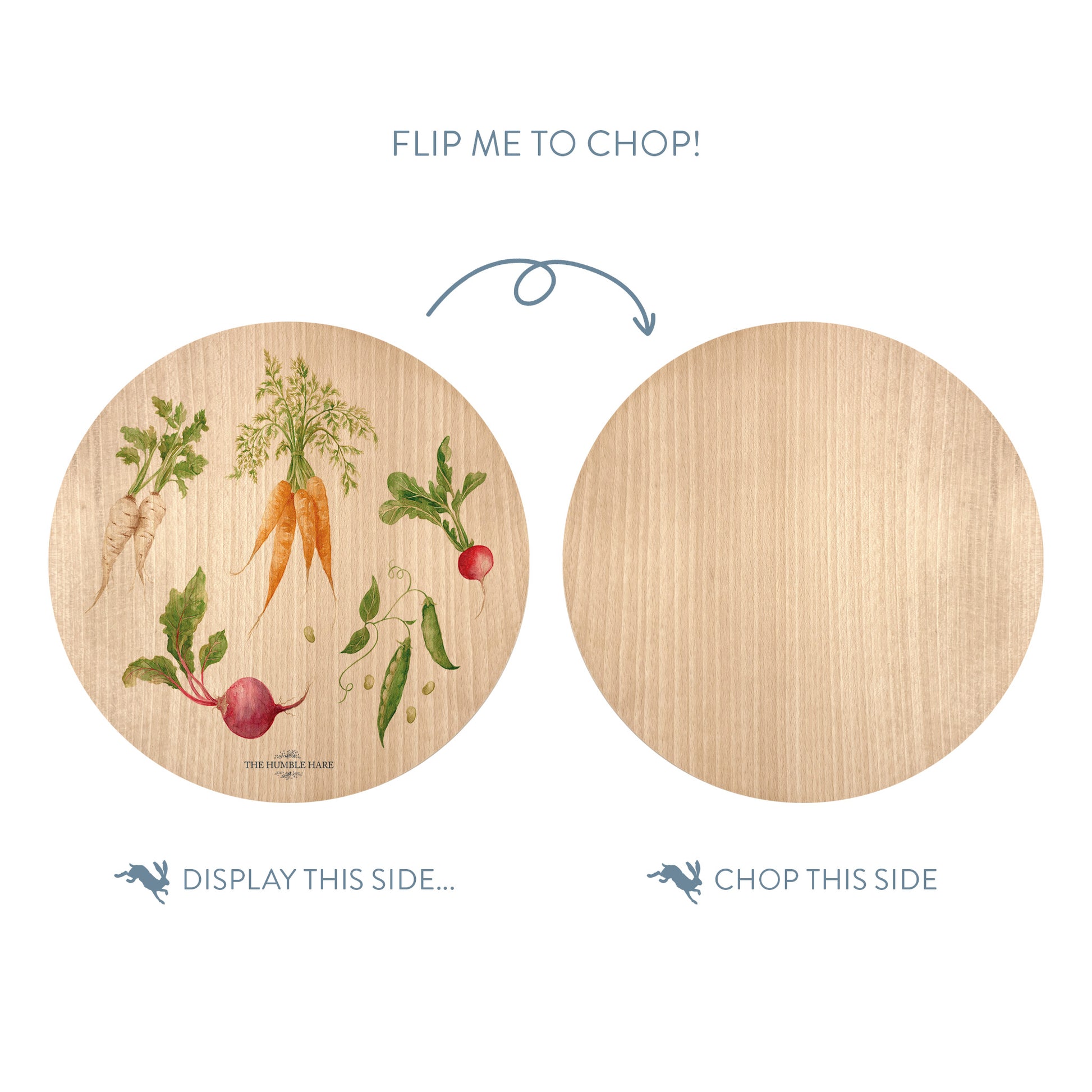 Wooden cutting board with a vegetable pattern illustration on one side and plain wood on the other, with text indicating which side to display and which to chop.
