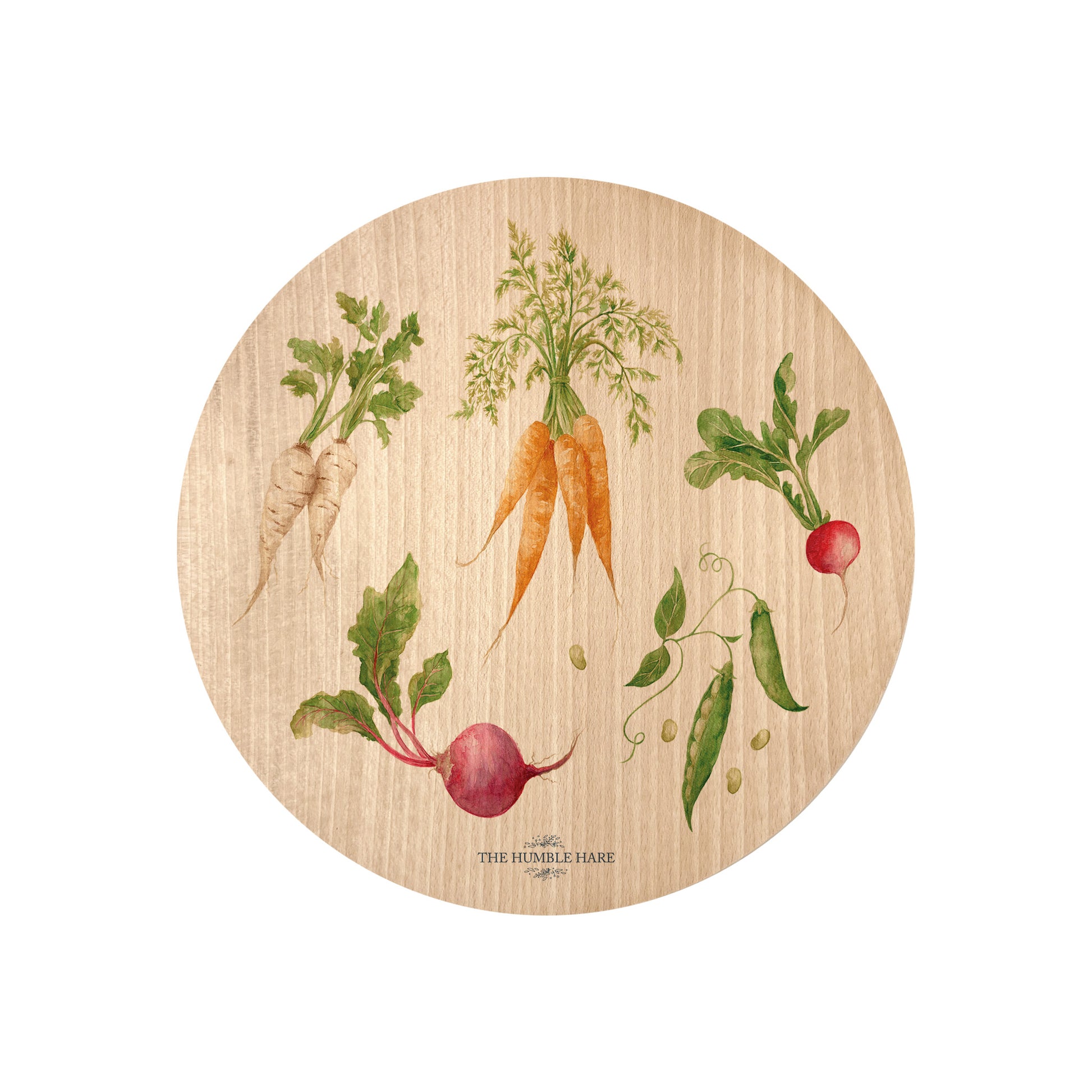 Round beech wood chopping board featuring a watercolour pattern of beetroot, carrots, parsnips, runner beans and radishes.