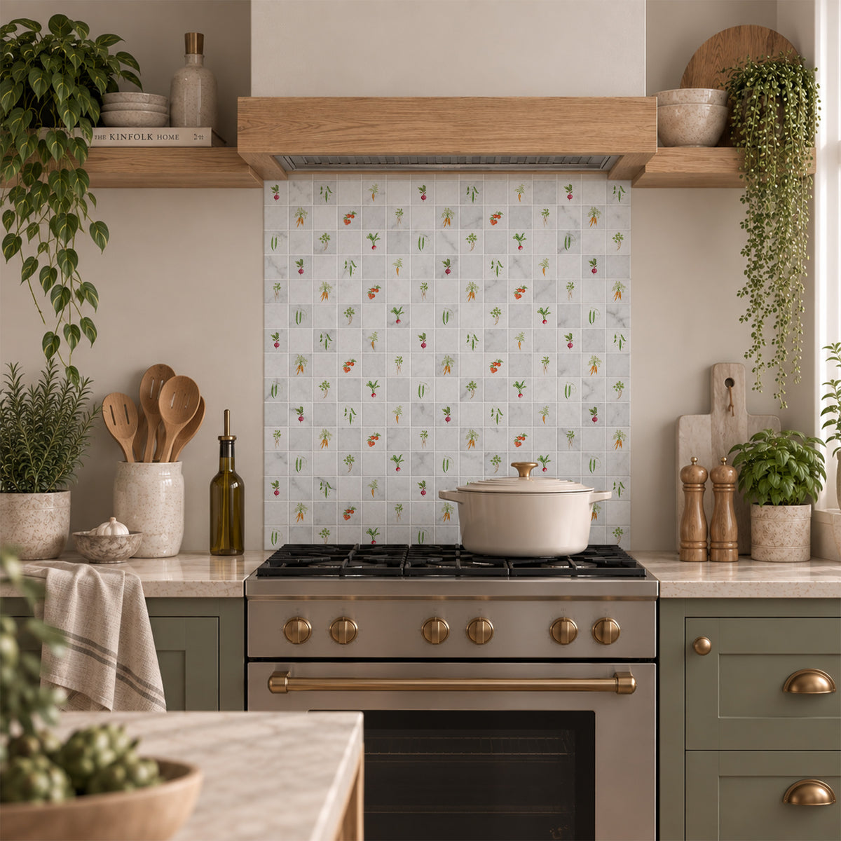 Mosaic tile showing a mixed vegetables painted in s watercolour design 