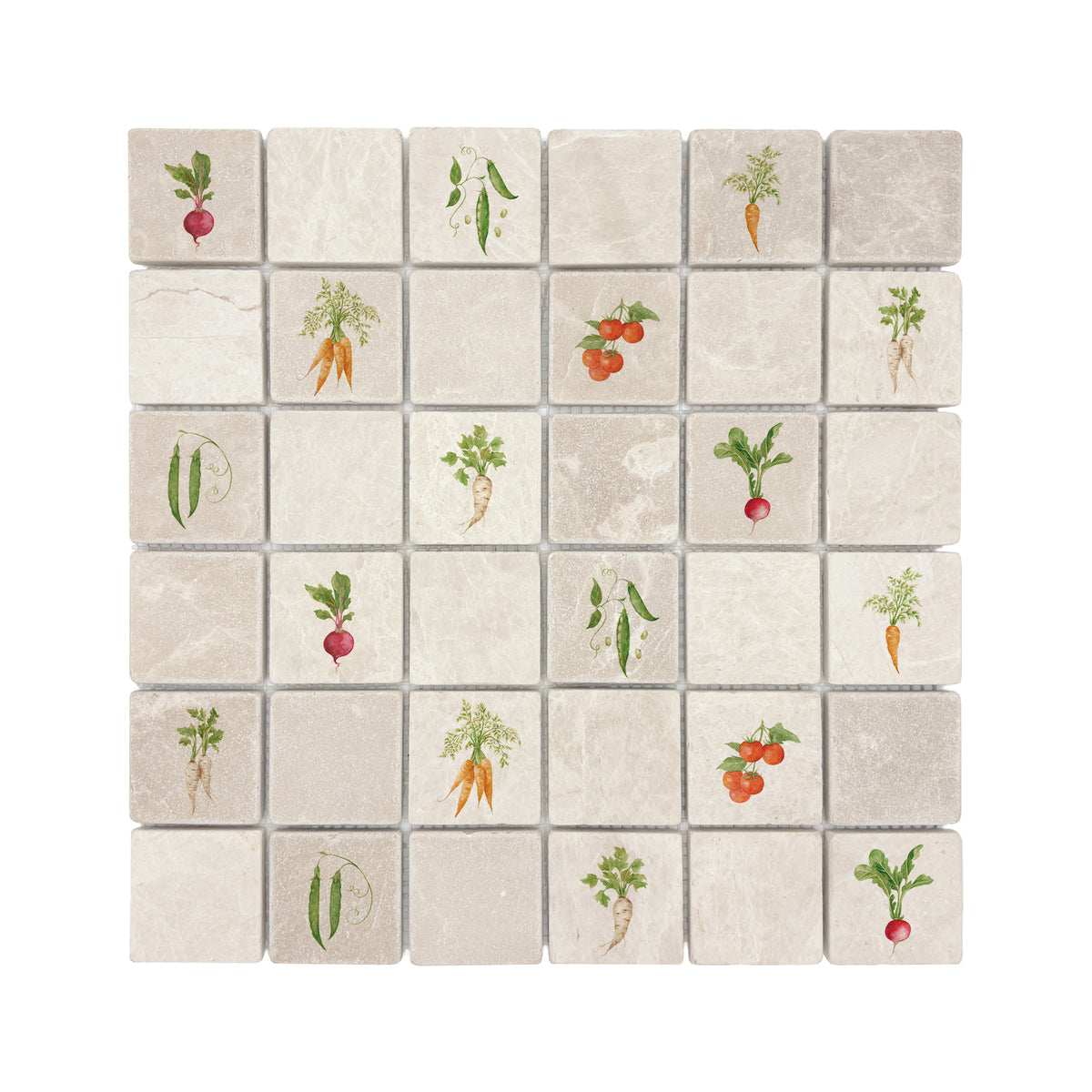 Mosaic tile showing a mixed vegetables painted in s watercolour design 