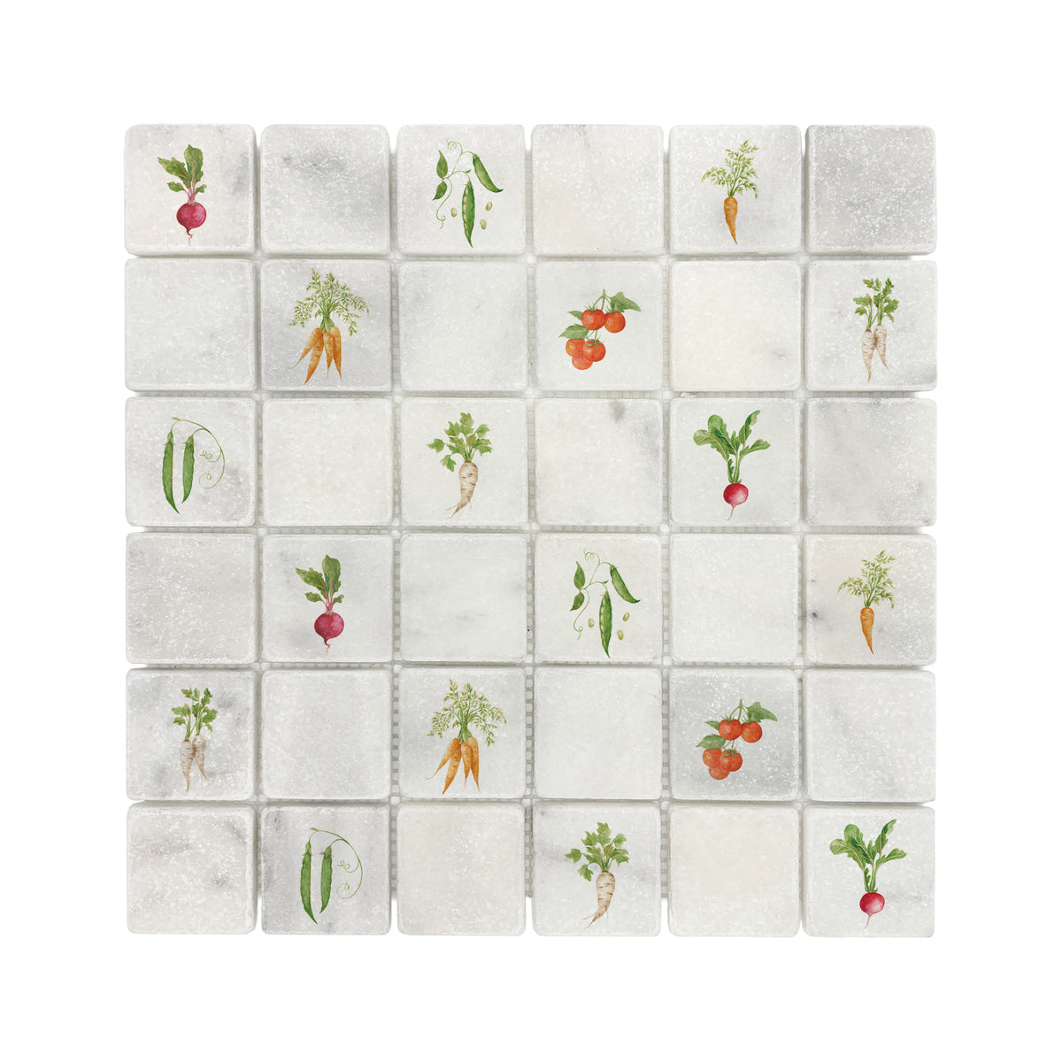Mosaic tile showing a mixed vegetables painted in s watercolour design 