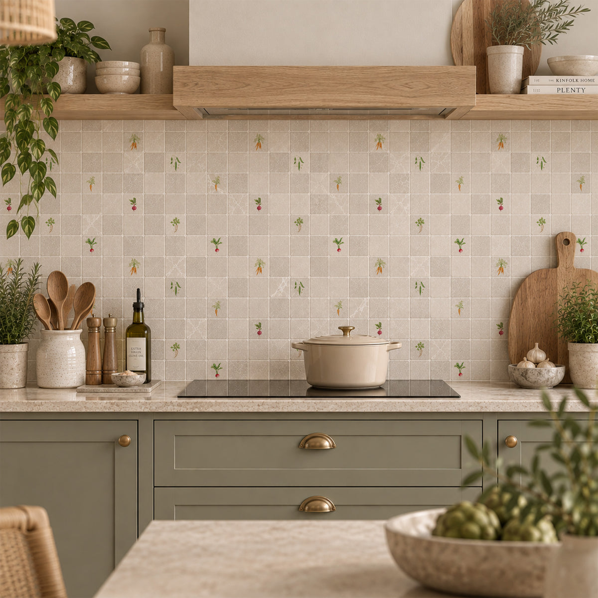 Mosaic tile showing a mixed vegetables painted in s watercolour design 
