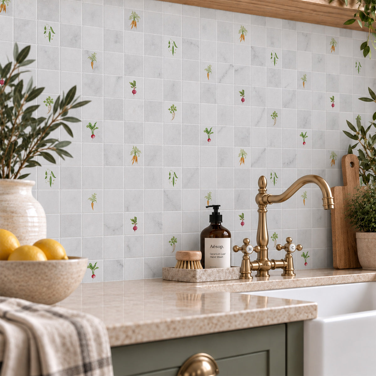 Mosaic tile showing a mixed vegetables painted in s watercolour design 